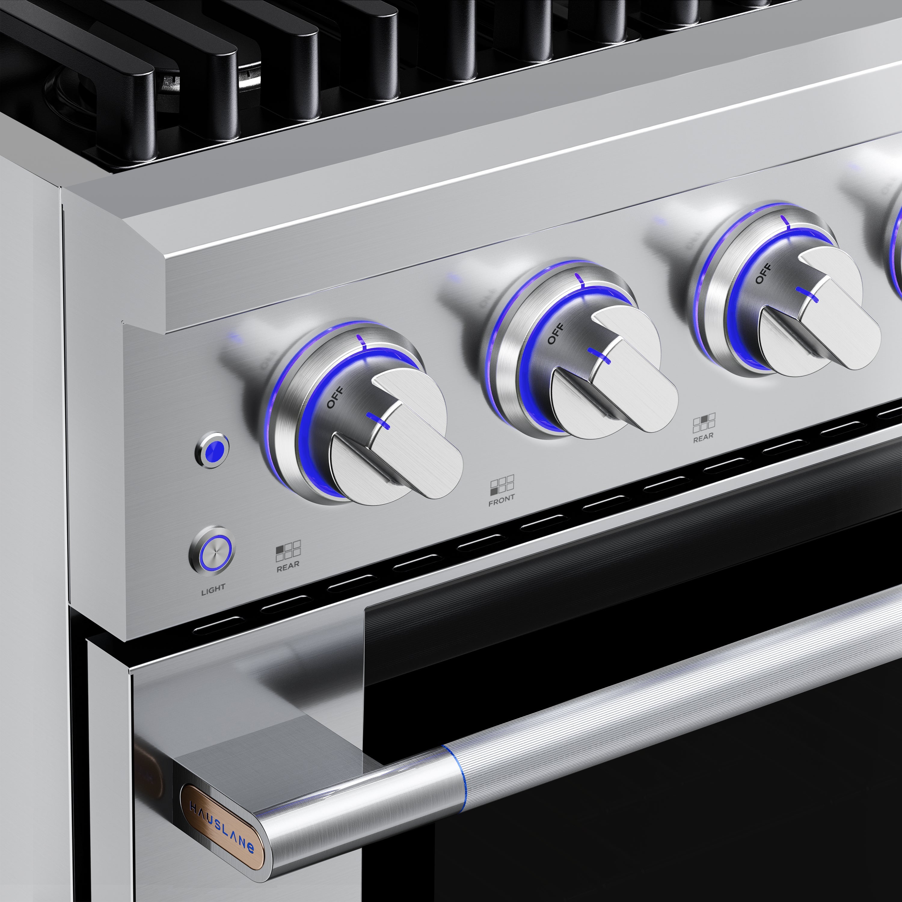 Stainless steel control panel with illuminated burner knobs and oven handle