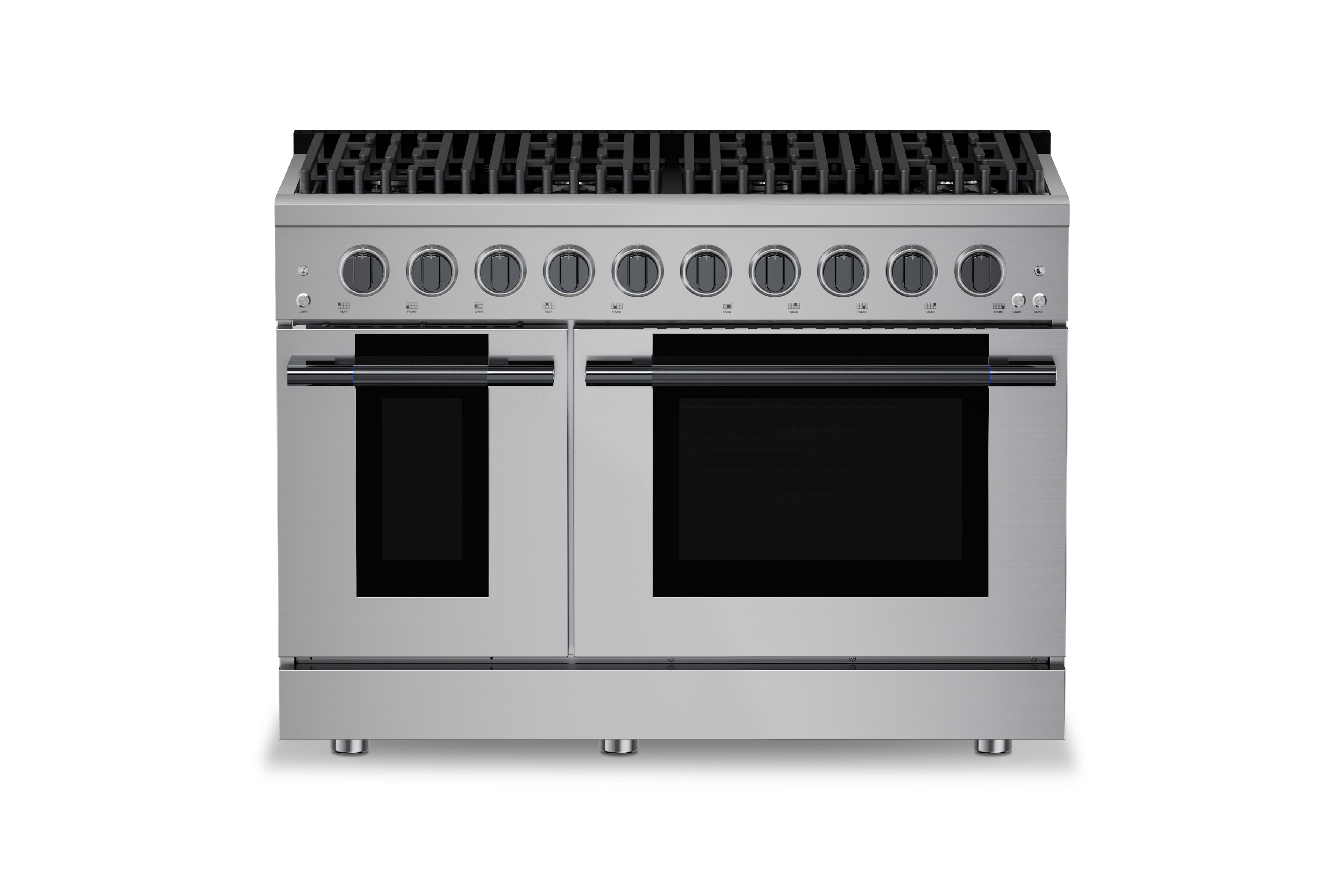 Stainless steel gas range with 8 burners and two black convection oven doors