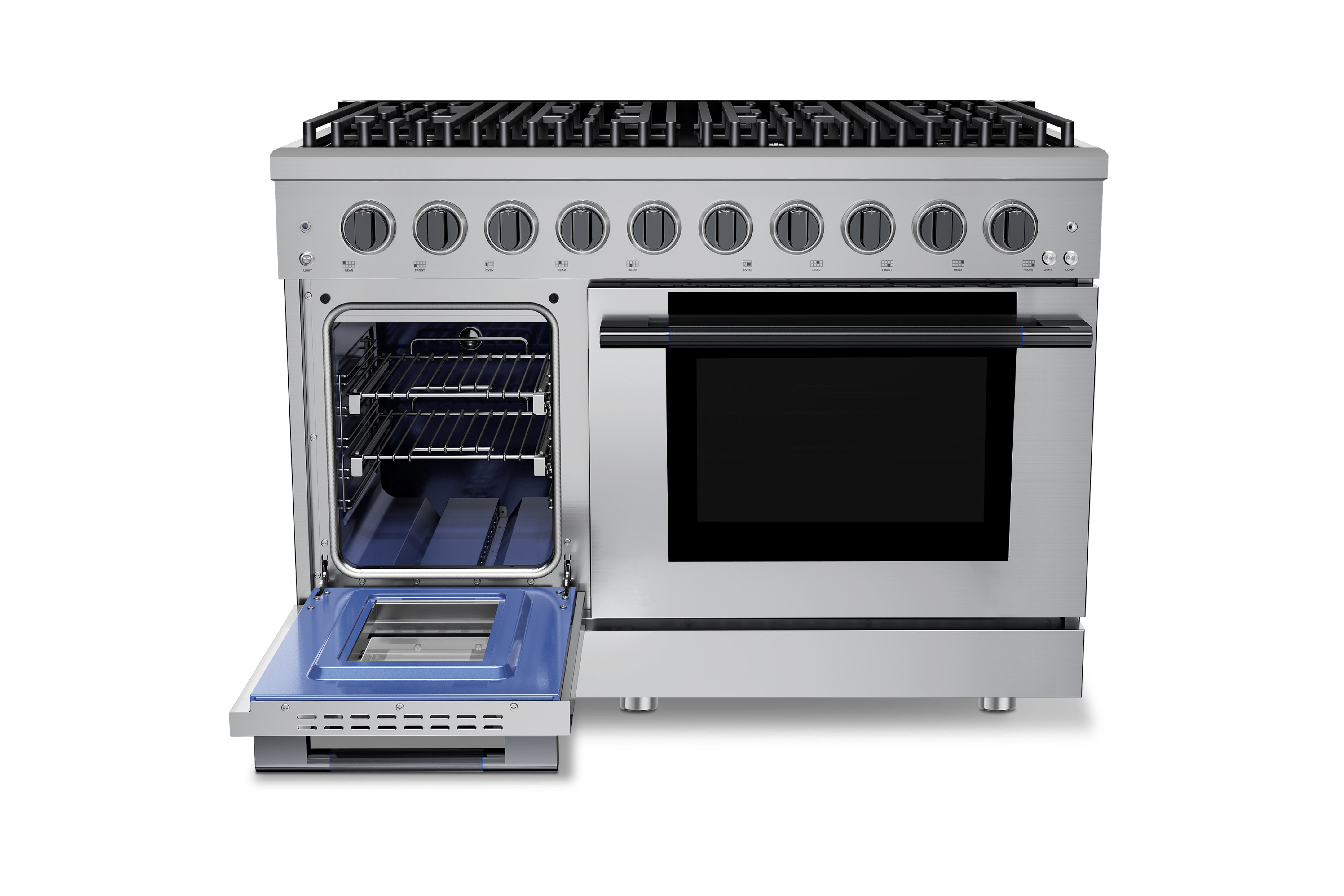 Hauslane HausPro Series 48-Inch Gas or Dual Fuel Range with 8 Burners and Convection Oven in Stainless Steel