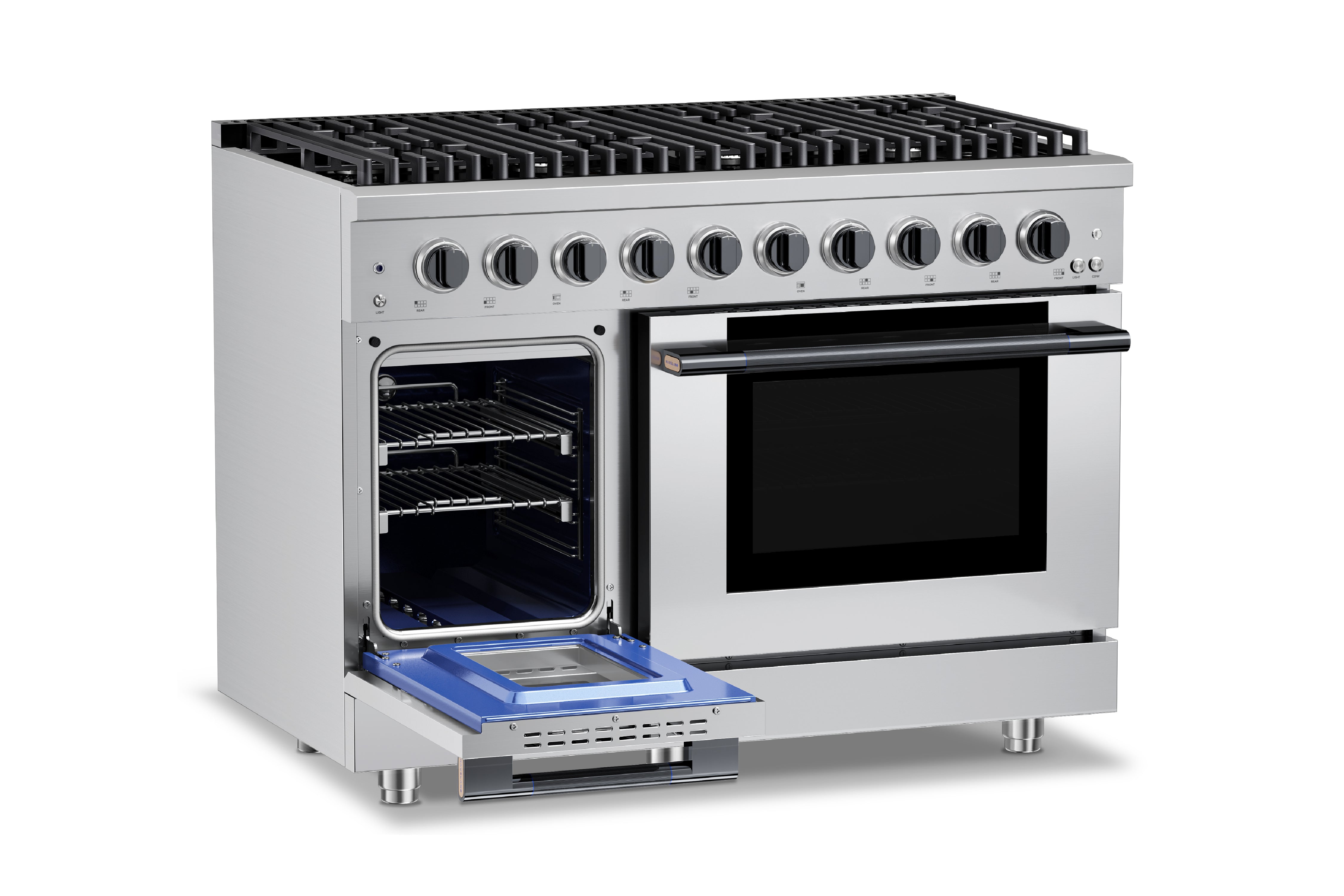 Hauslane HausPro Series 48-Inch Gas or Dual Fuel Range with 8 Burners and Convection Oven in Stainless Steel