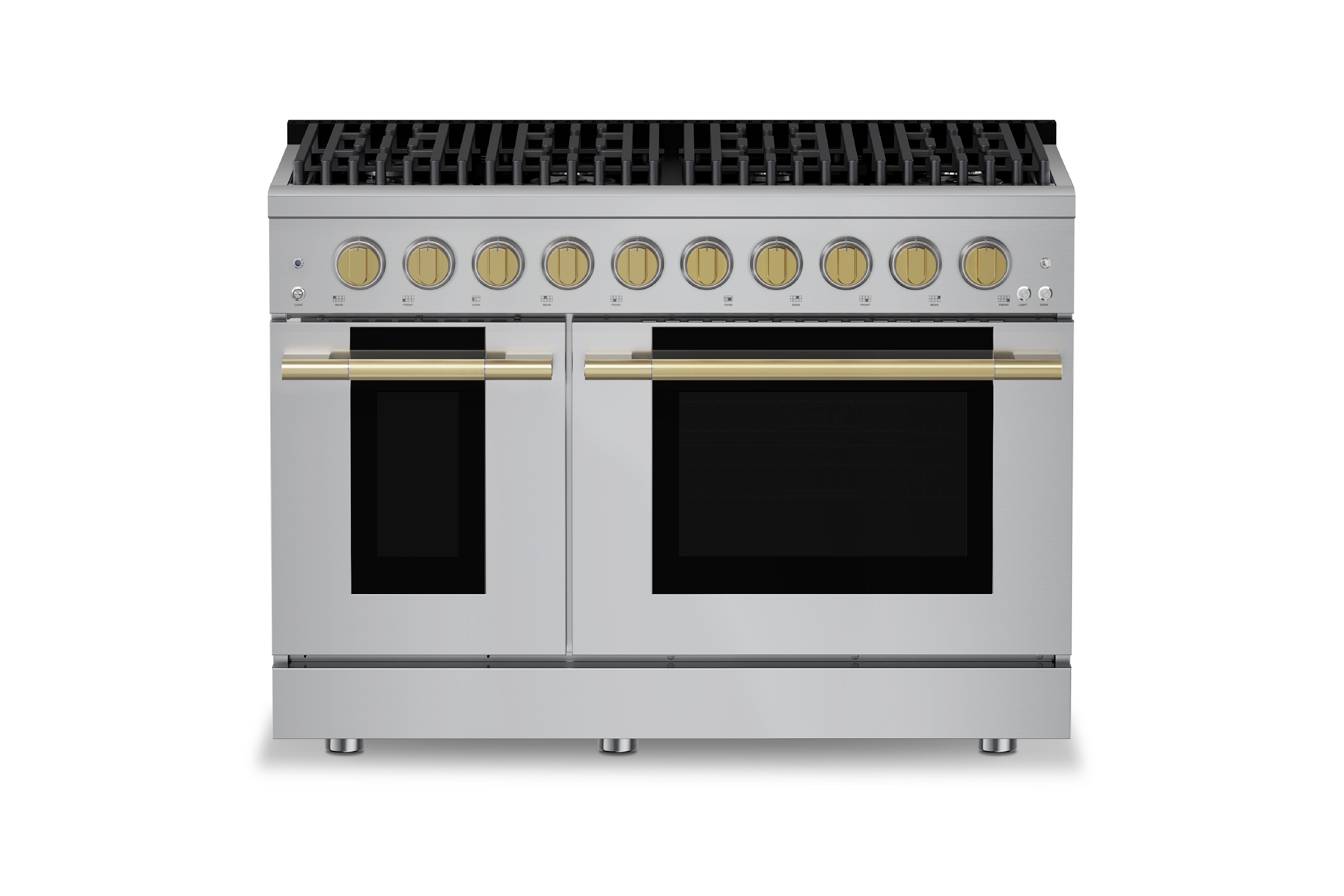 Stainless steel range with 8 burners and two black ovens; brass-toned control knobs