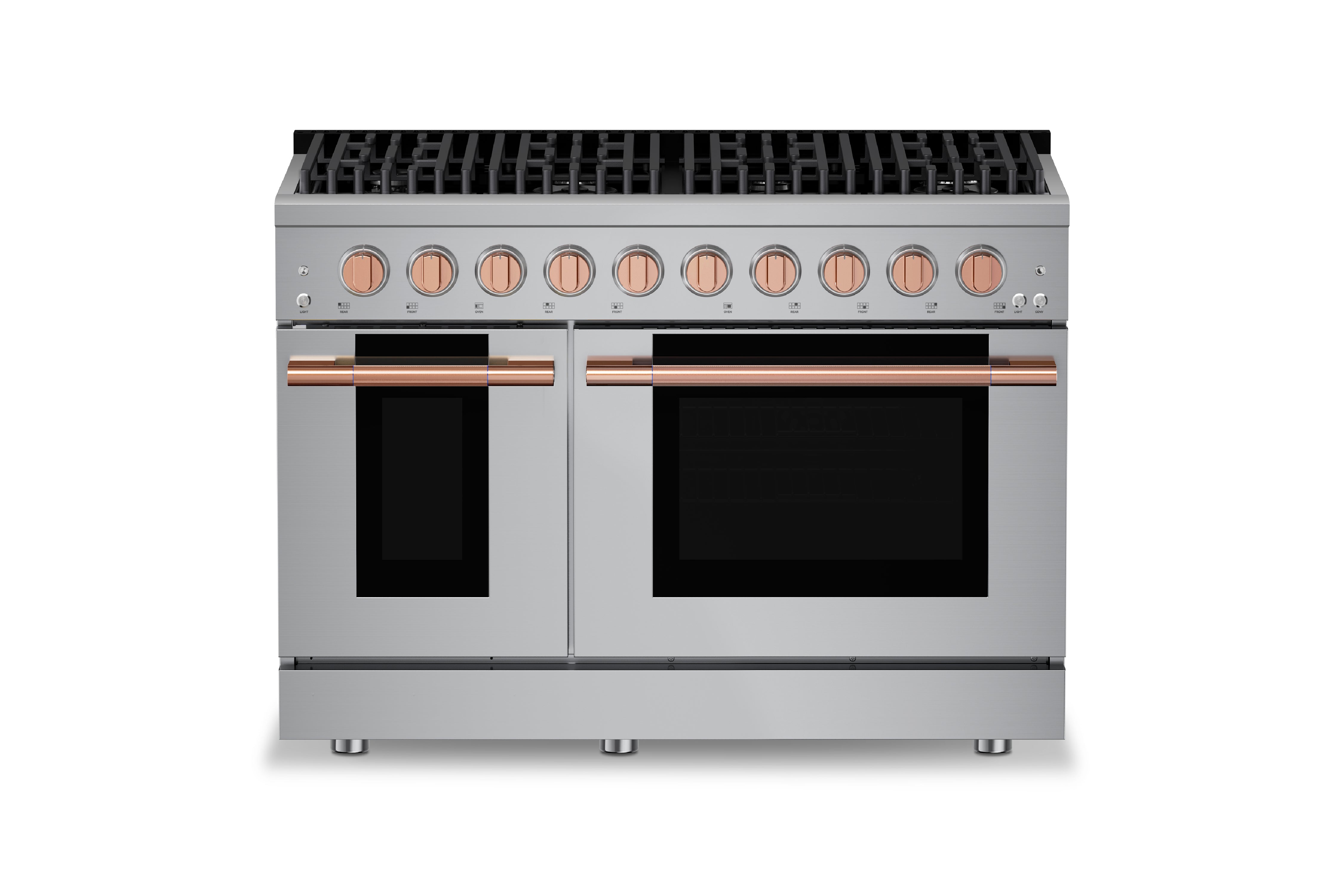 Stainless steel range with 8 burners and two black ovens; copper-toned control knobs