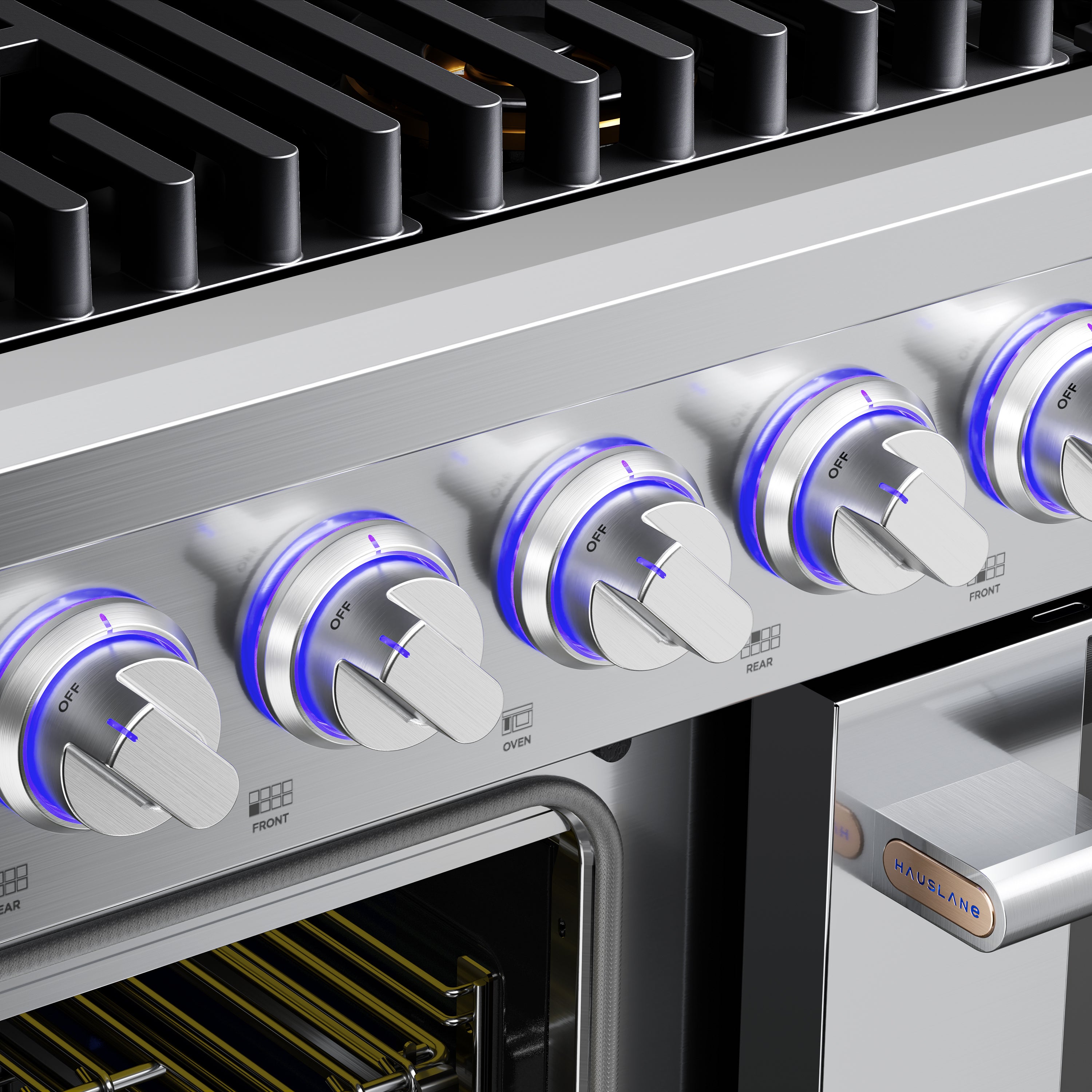 Stainless steel gas range control knobs with blue indicator lights and burner grates above