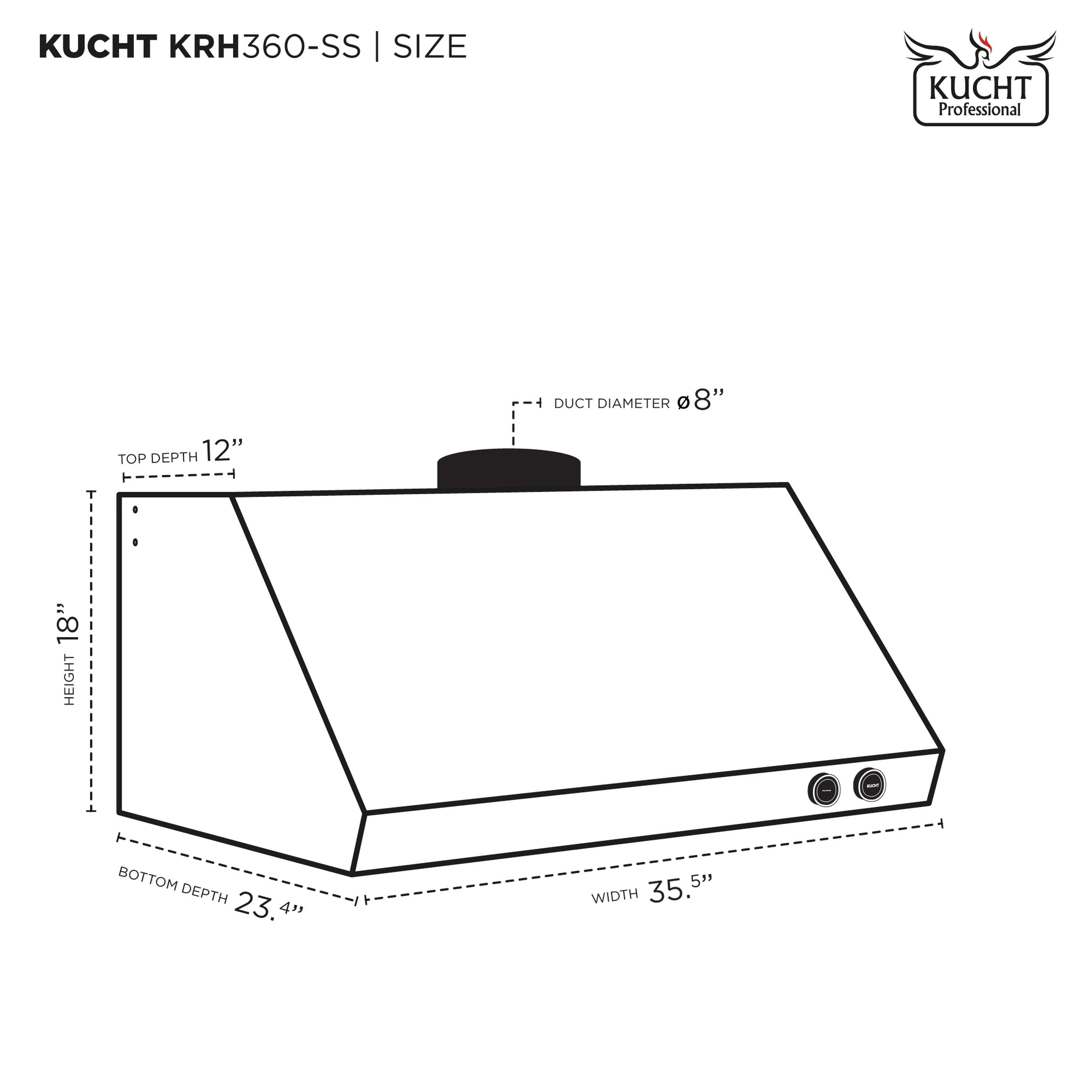 Stainless steel under-cabinet range hood with duct collar and canopy dimensions