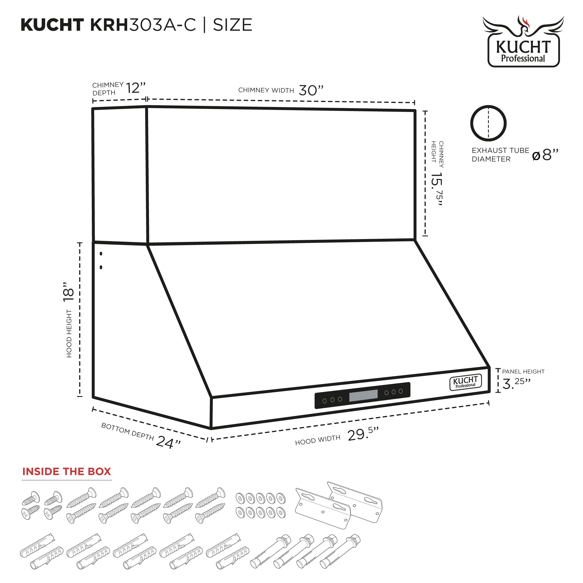 Range hood size diagram with chimney dimensions and hardware layout pieces