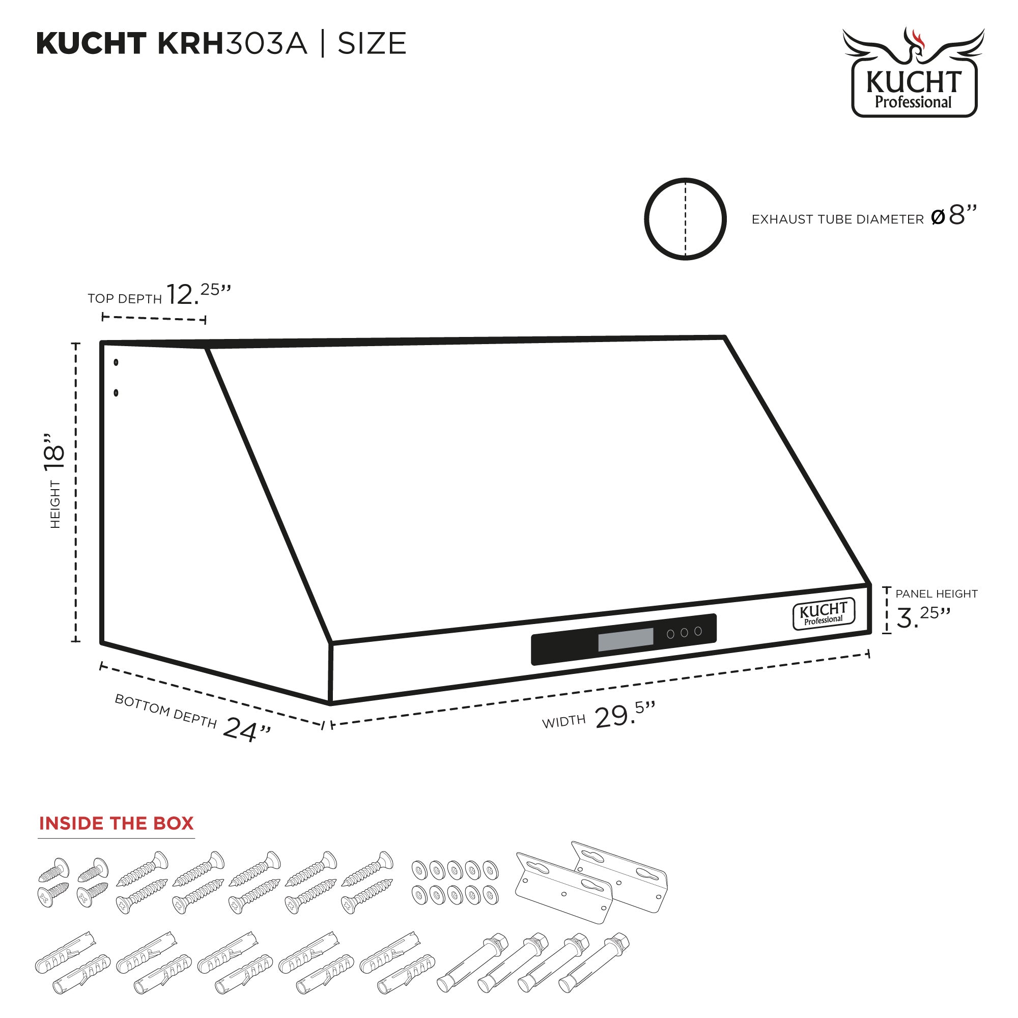 Under-cabinet range hood size diagram with dimension lines and parts layout.