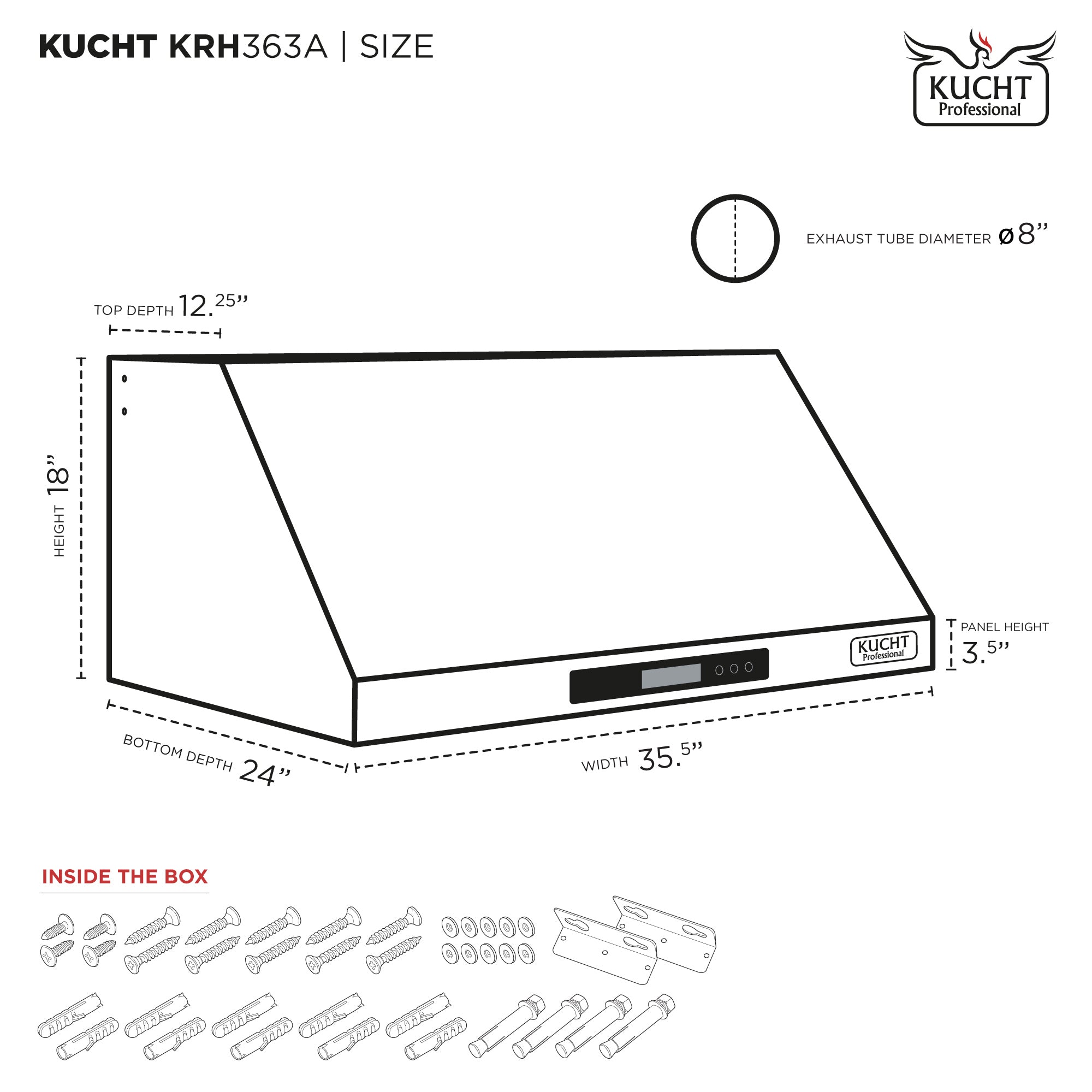 Under-cabinet range hood size diagram with height, depth, and width labels