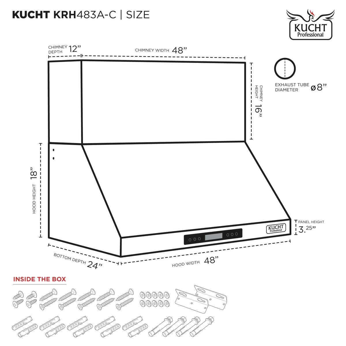 Range hood packaging diagram showing dimensions and included mounting parts