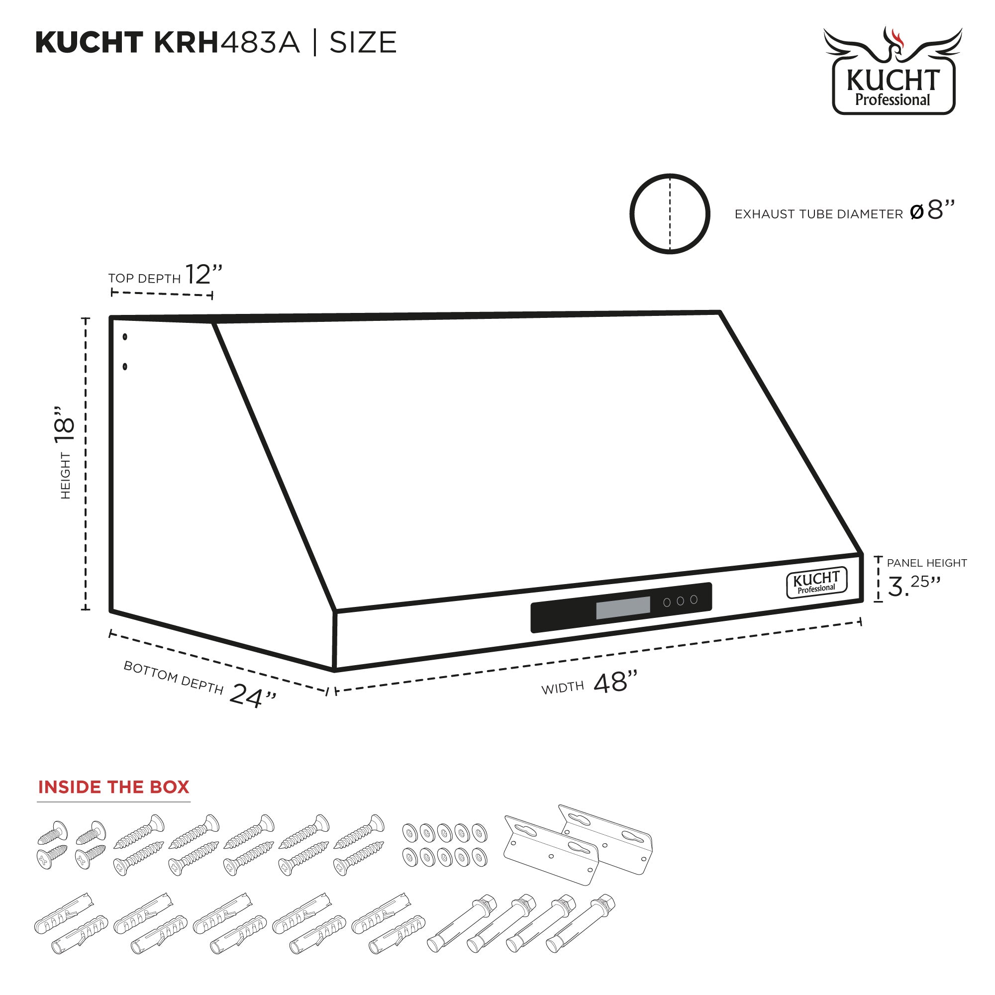 Range hood size and parts diagram showing dimensions and exhaust tube diameter