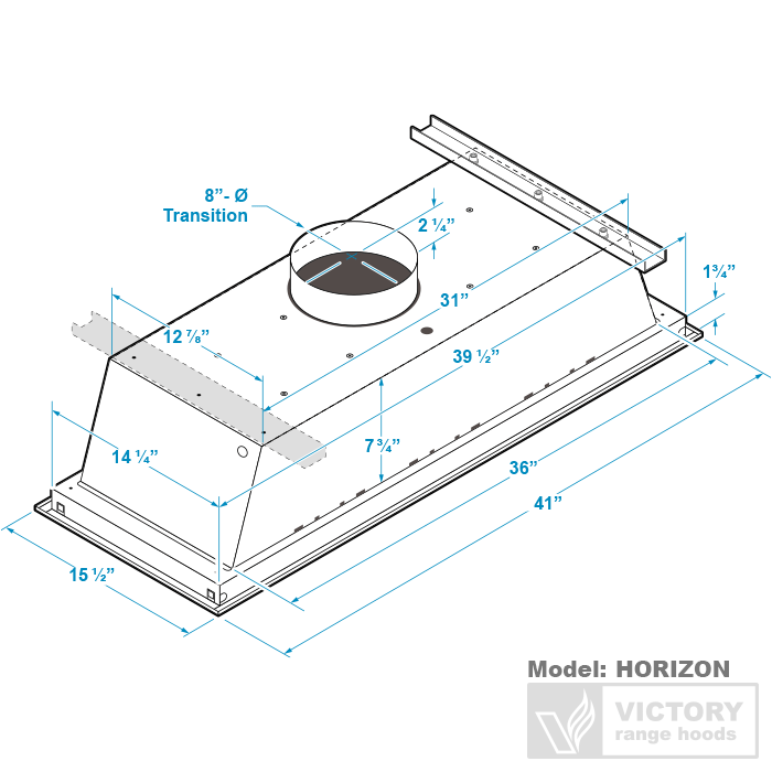 HORIZON range hood installation dimensions diagram with measurements