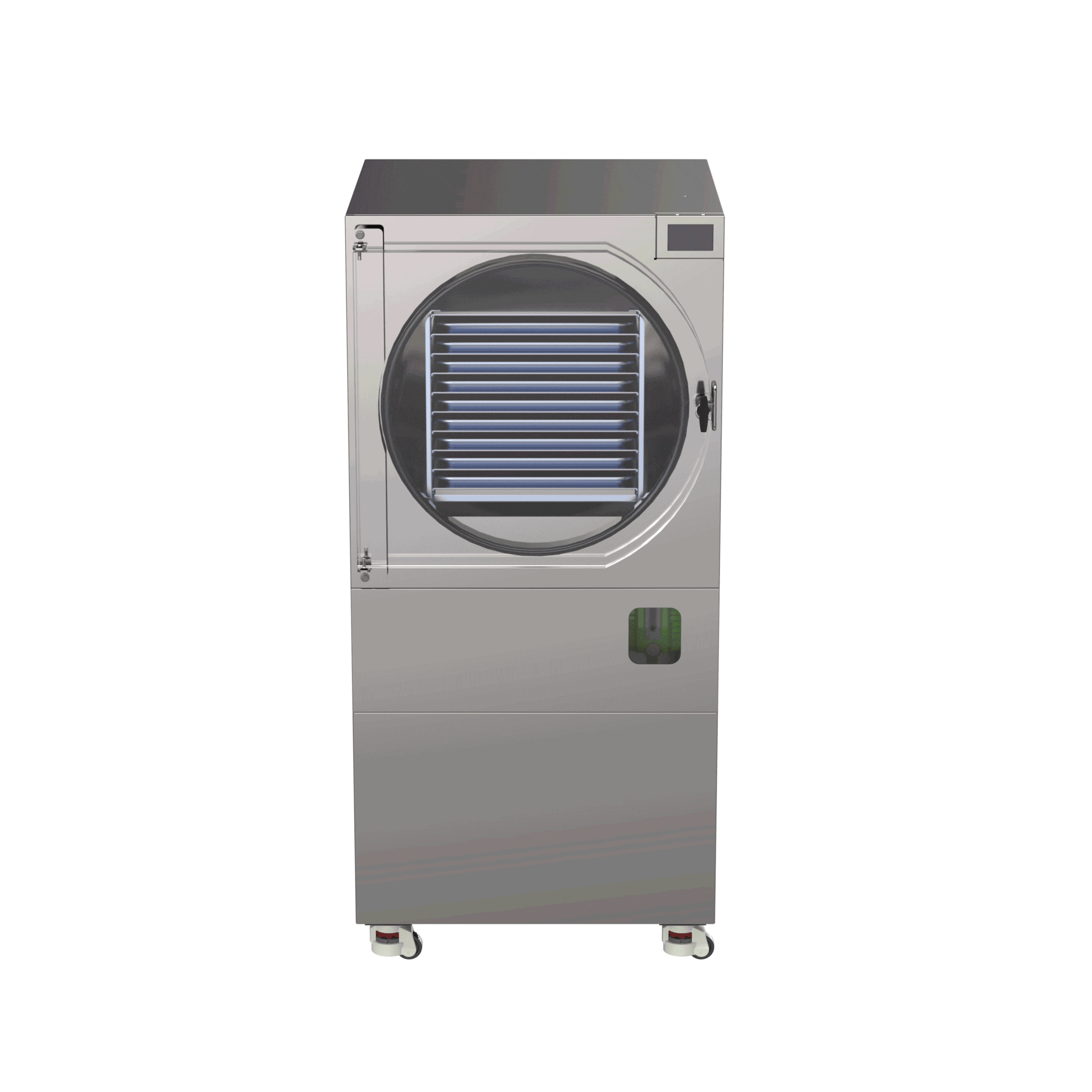 Commercial freeze dryer with round front door, stainless body, on caster wheels