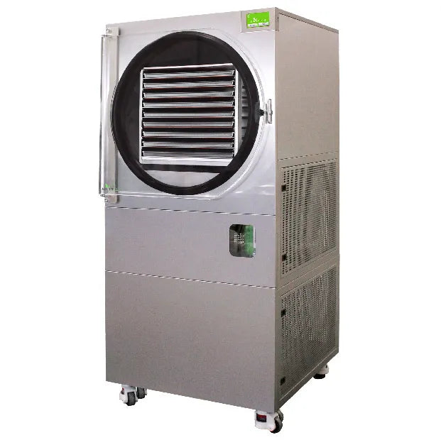 Commercial freeze dryer with round front door open, stainless body and fan-style intake
