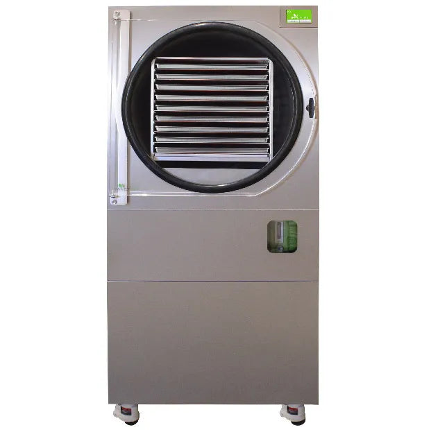 Commercial freeze dryer with circular door and horizontal heat exchanger fins, front view