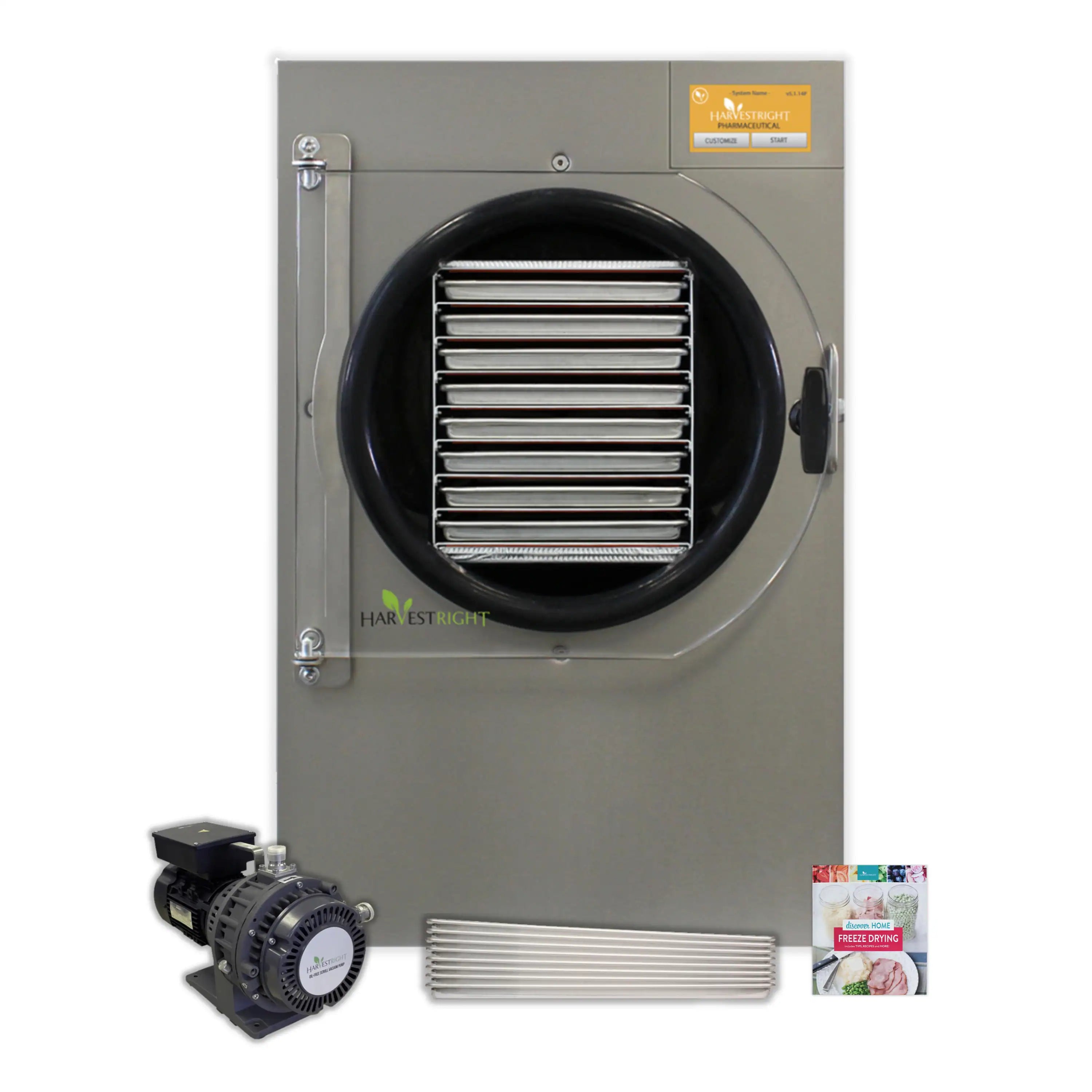 Large freeze dryer with circular door, external pump unit, and condenser plates