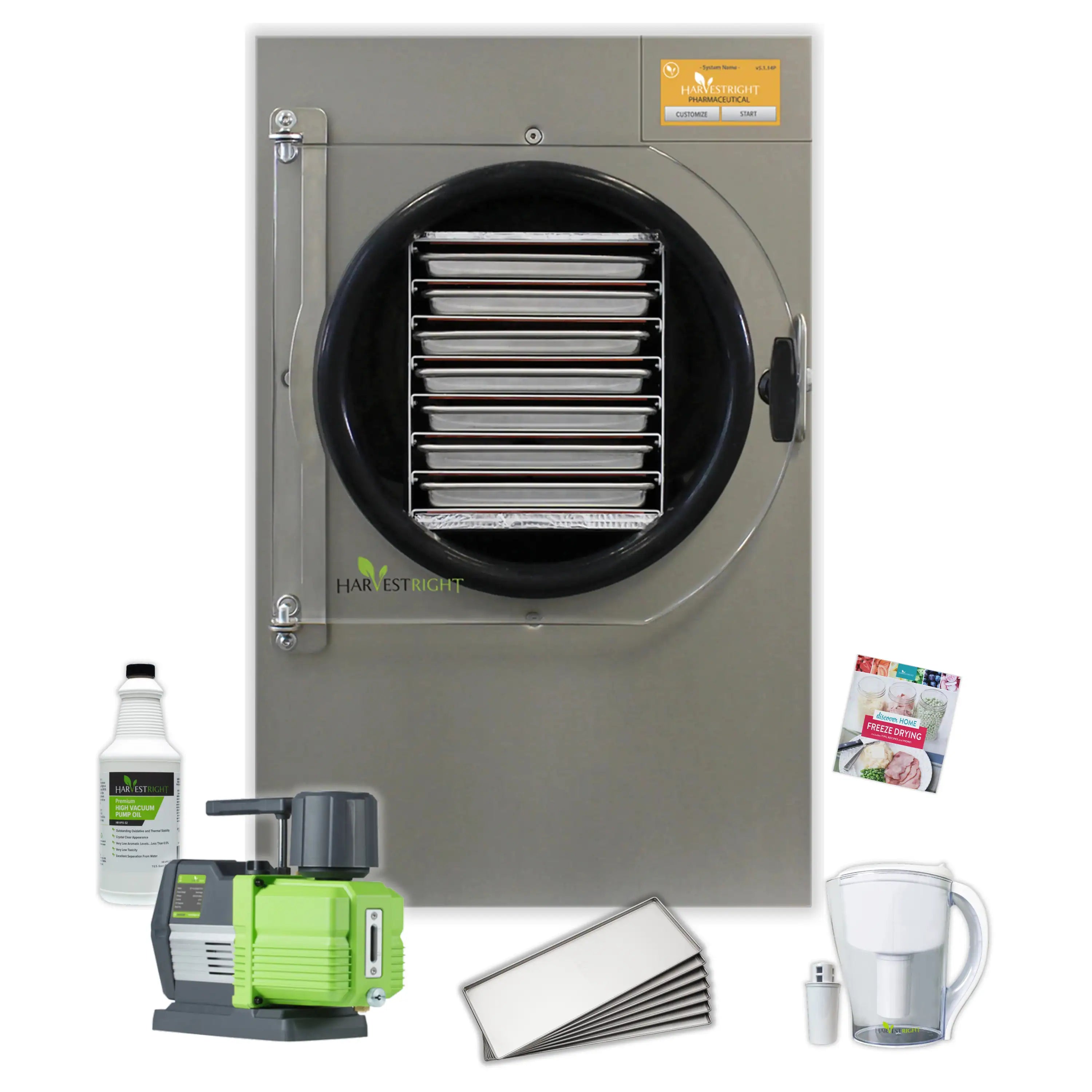 Stainless steel pharmaceutical freeze dryer with circular door and visible internal shelves