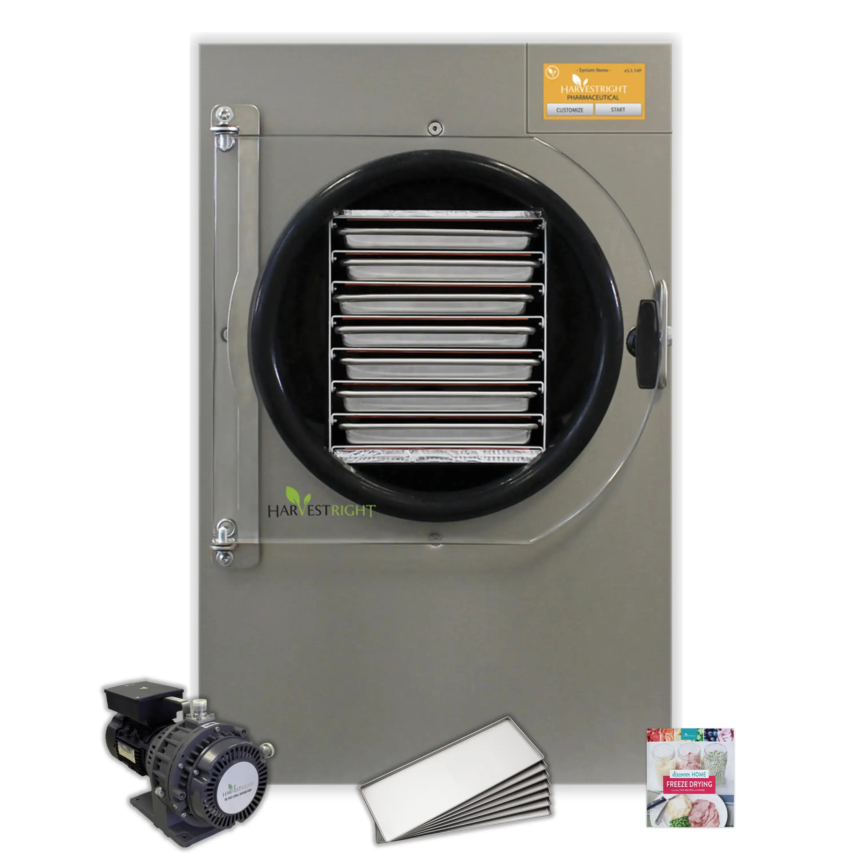 Pharmaceutical freeze dryer pump with circular intake vent; includes accessory items