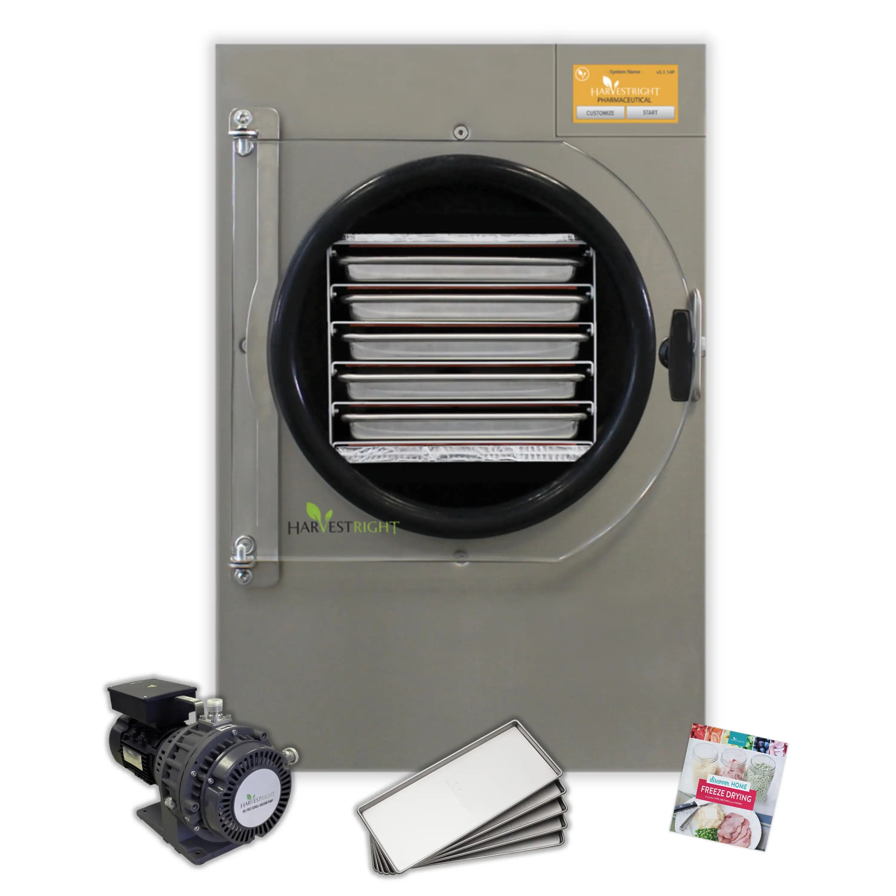 Small freeze dryer unit with pump, sample trays, and freeze-dried food package