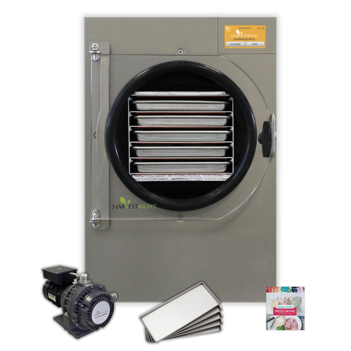 Freeze dryer with black circular inlet, pump motor, sample trays, and food packet