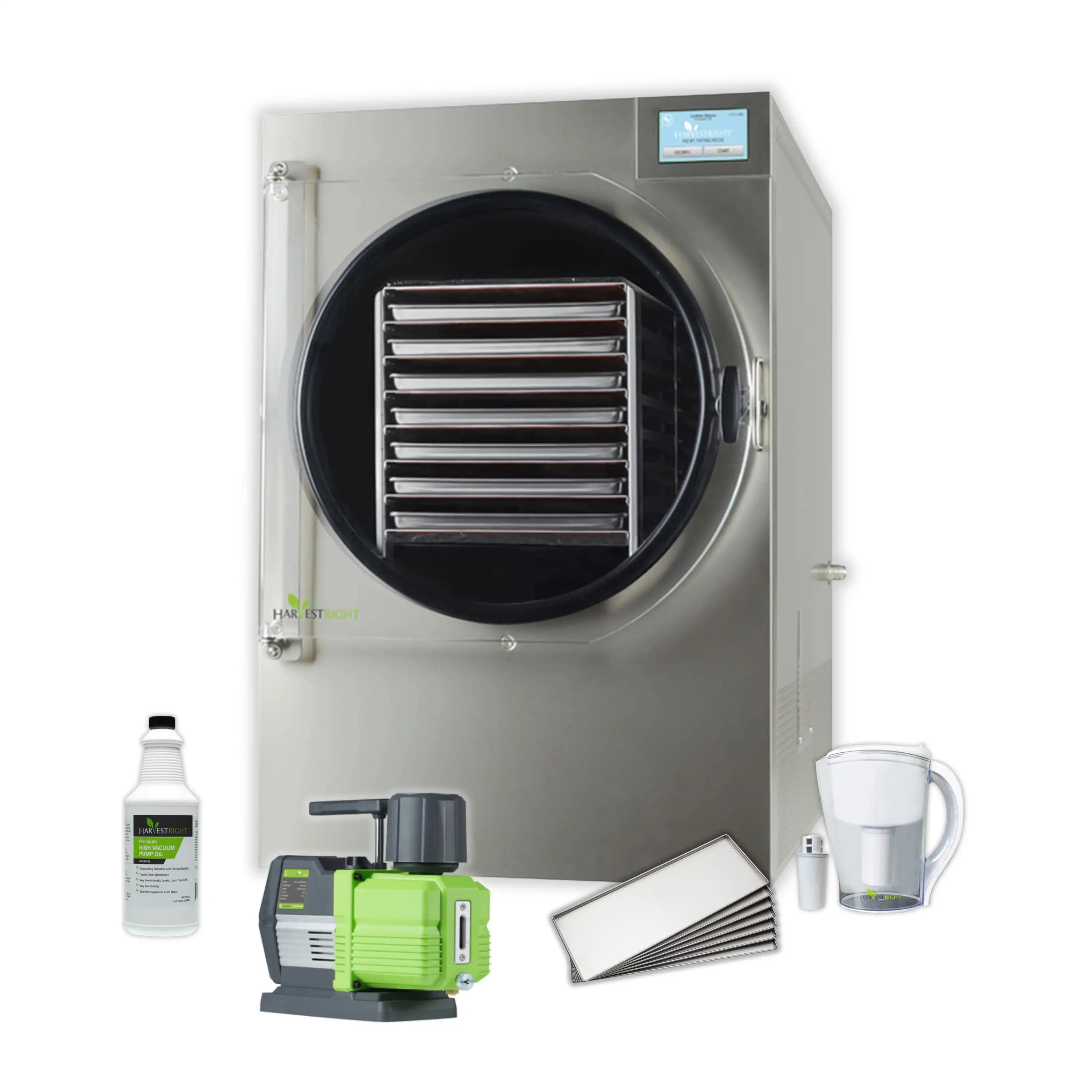 Stainless steel freeze dryer with included accessories: vacuum pump, trays, and bottles