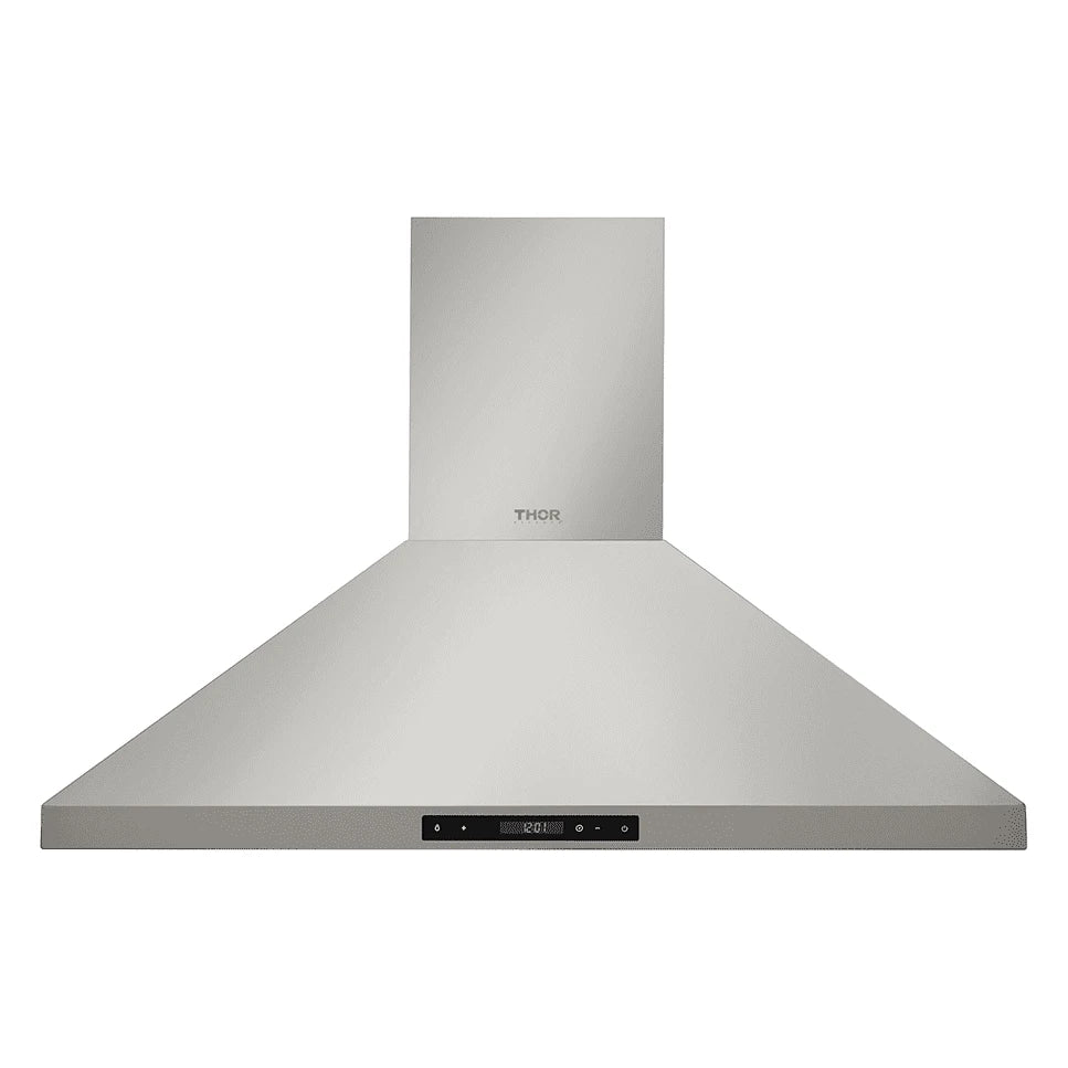 Stainless steel wall-mount range hood with front control panel and THOR logo