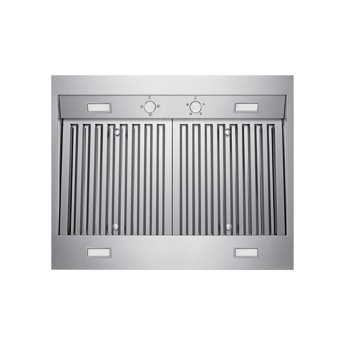 Stainless steel under-cabinet range hood front with control knobs and vent grille