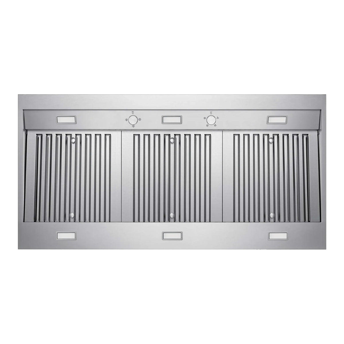 Stainless under-cabinet range hood with front baffle filters and control knobs