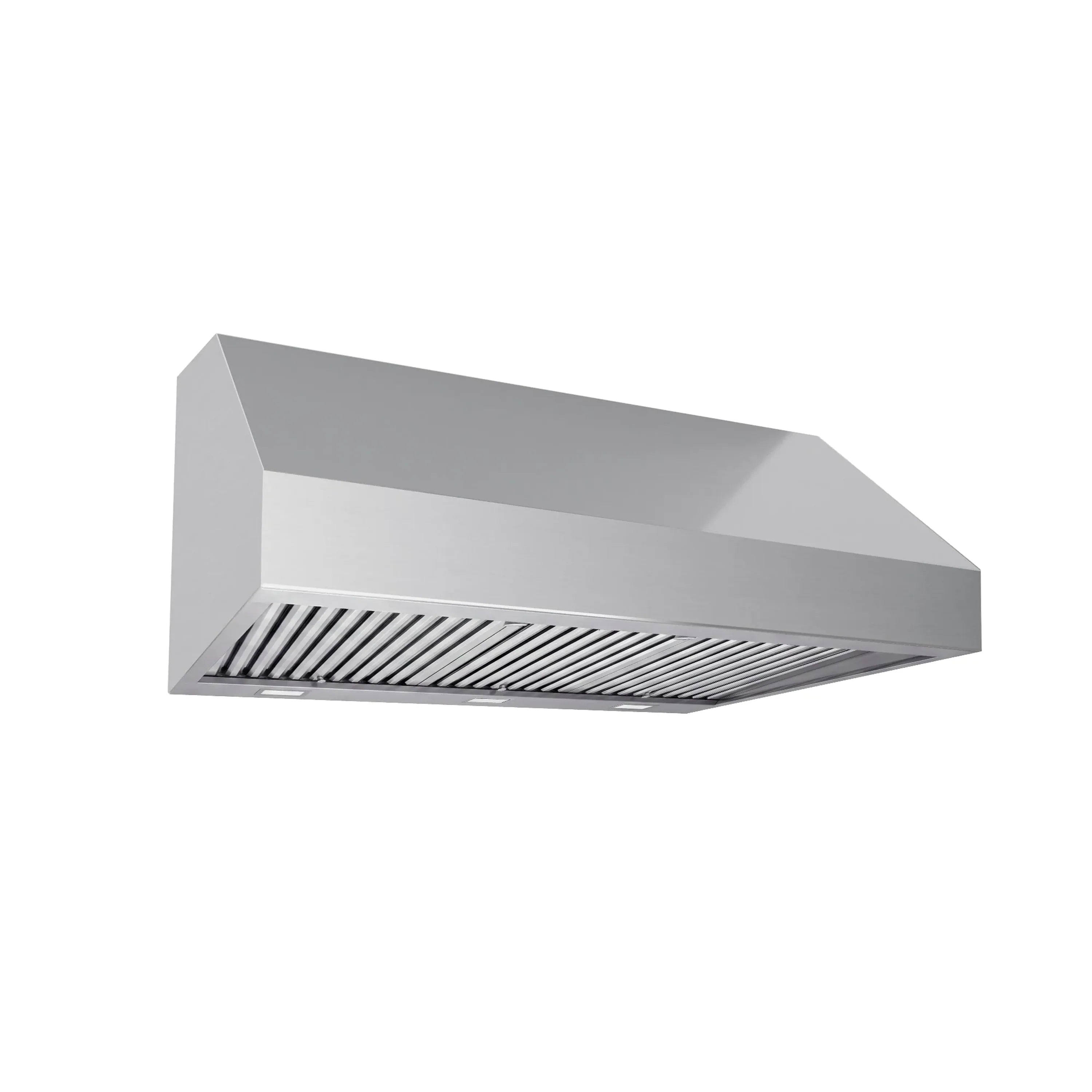 Stainless under-cabinet range hood with slanted chimney cover and front filter grille