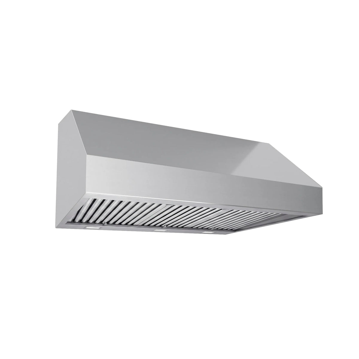 Stainless under-cabinet range hood with vent hood chimney and exposed baffle filter panel