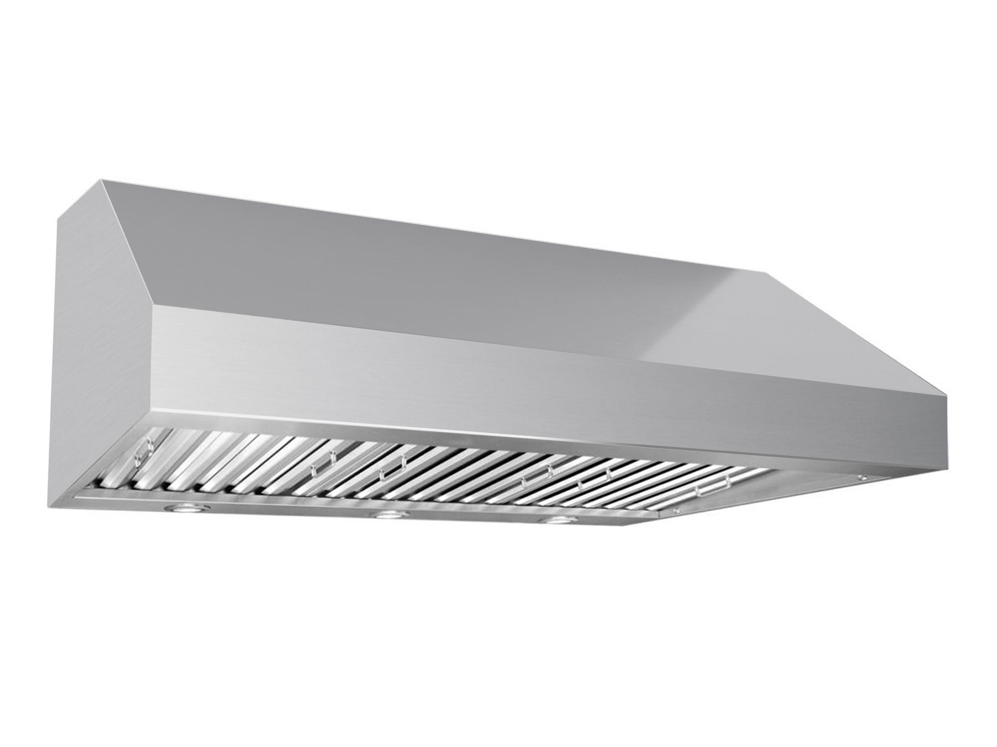 Stainless steel under-cabinet range hood with vent grille and angled chimney housing