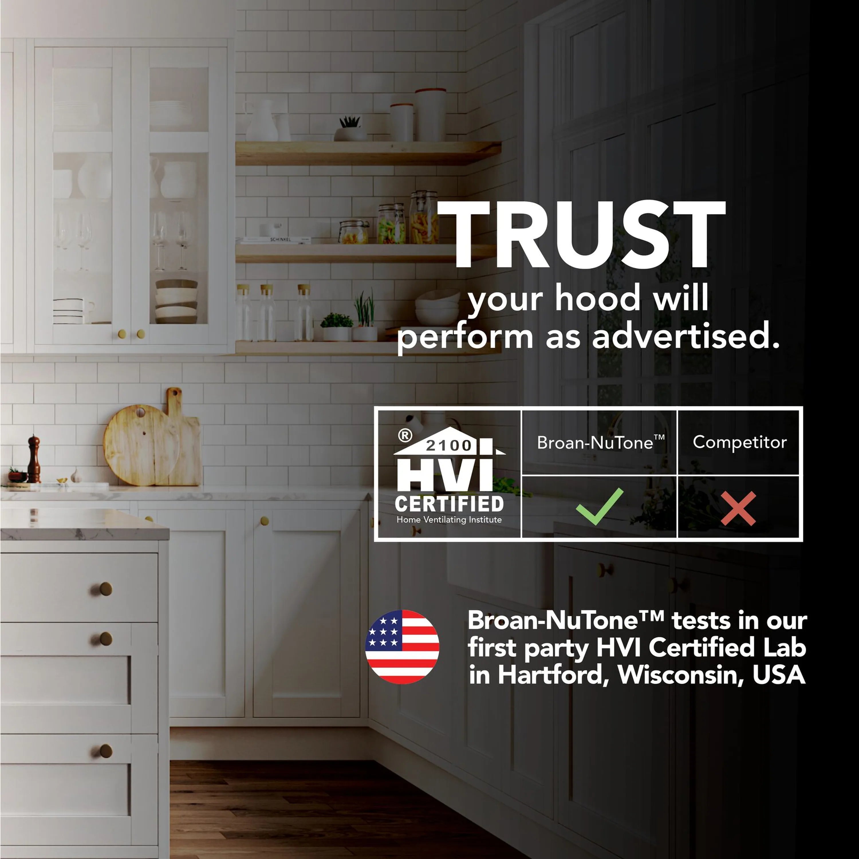 Range hood performance trust badge graphic with checkmark beside the hood