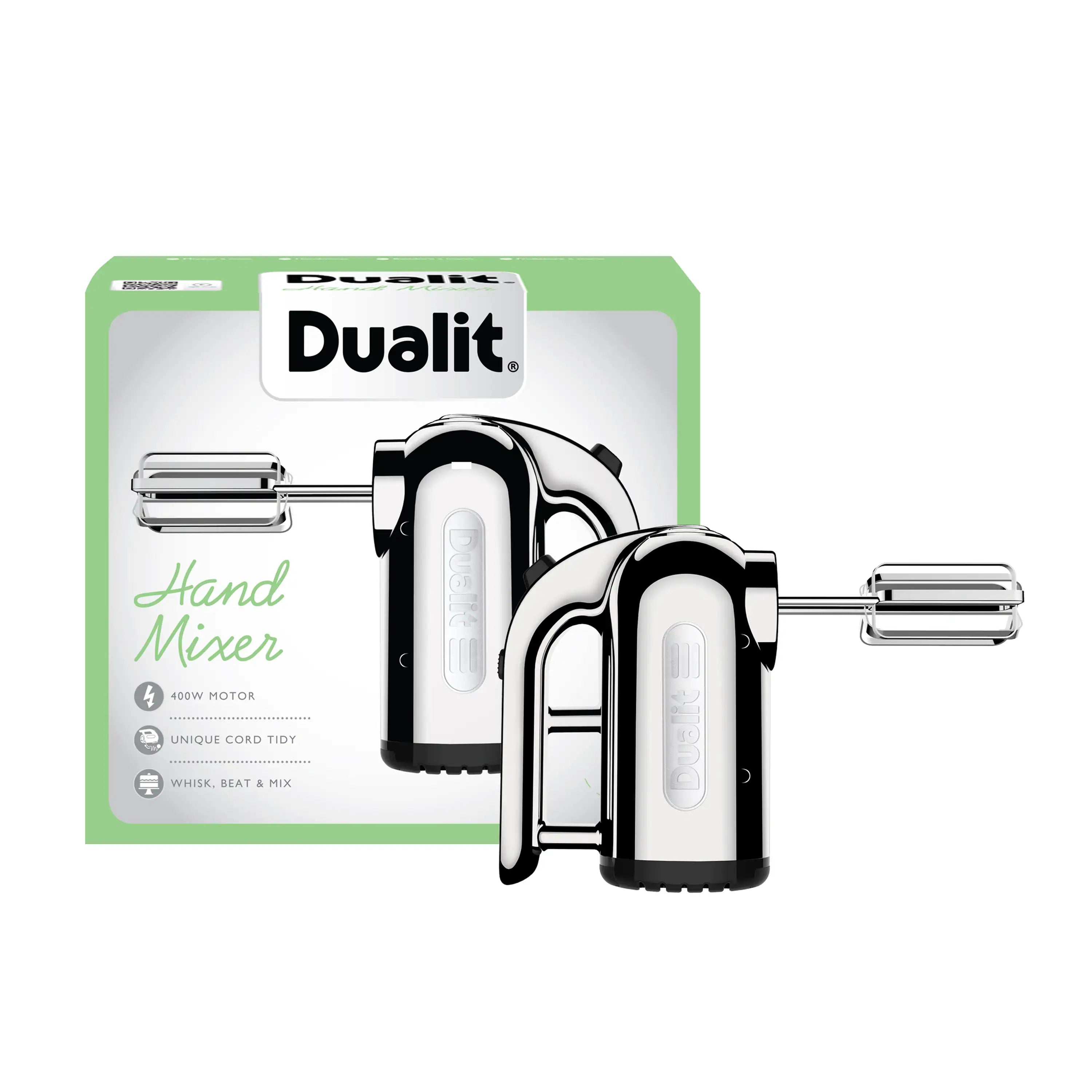 Dualit branded polished chrome hand mixer product box with accessories