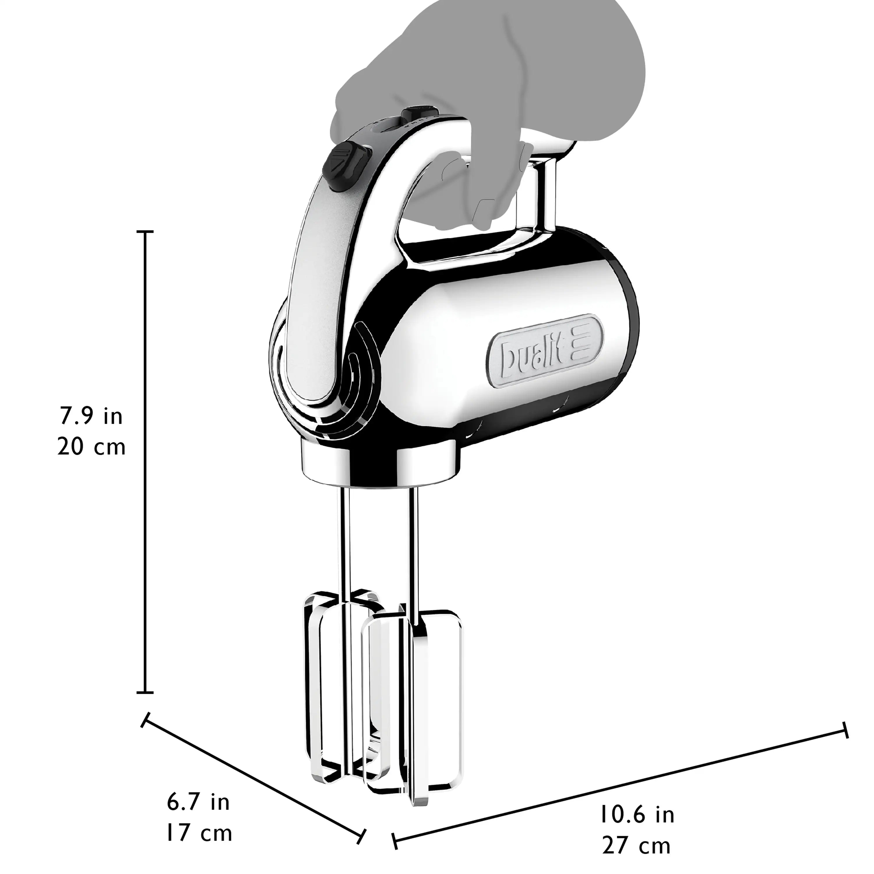 Chrome hand mixer with measurement labels showing height and length