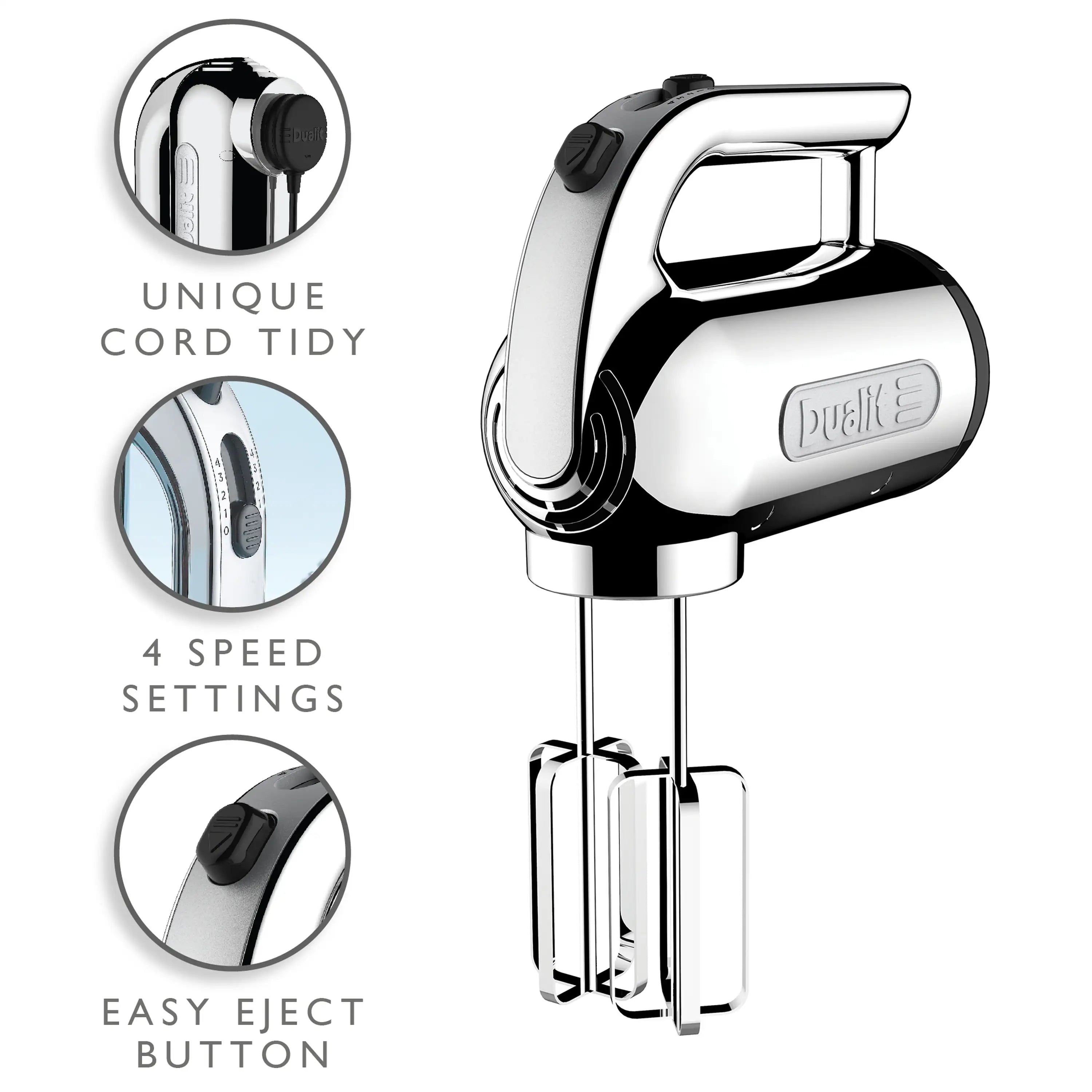 Chrome hand mixer with four speed settings and easy eject button callouts