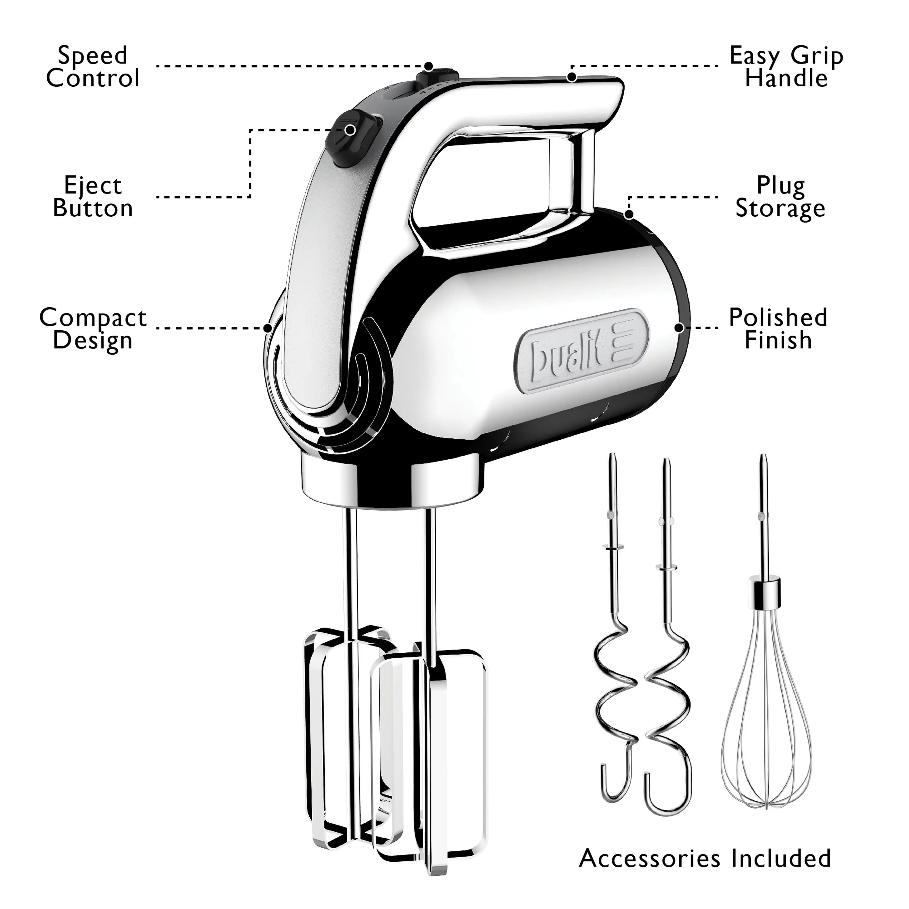 Polished chrome professional hand mixer with easy grip handle and speed control