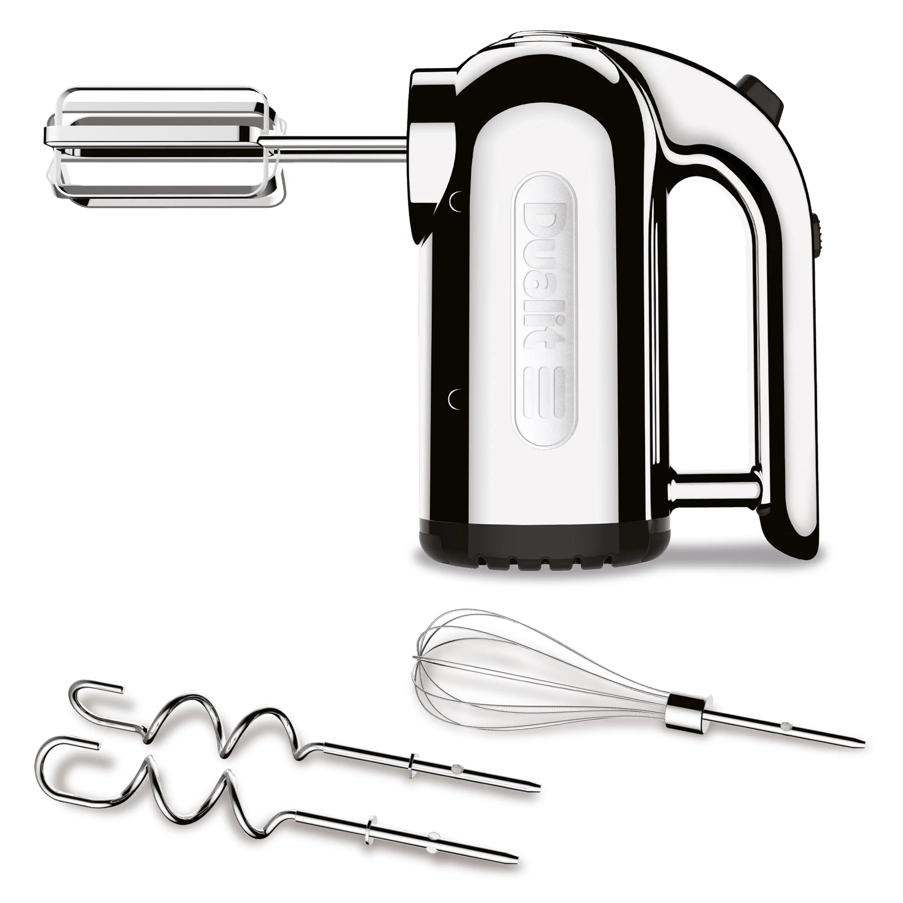 Polished chrome hand mixer with dough hooks and whisk attachment set