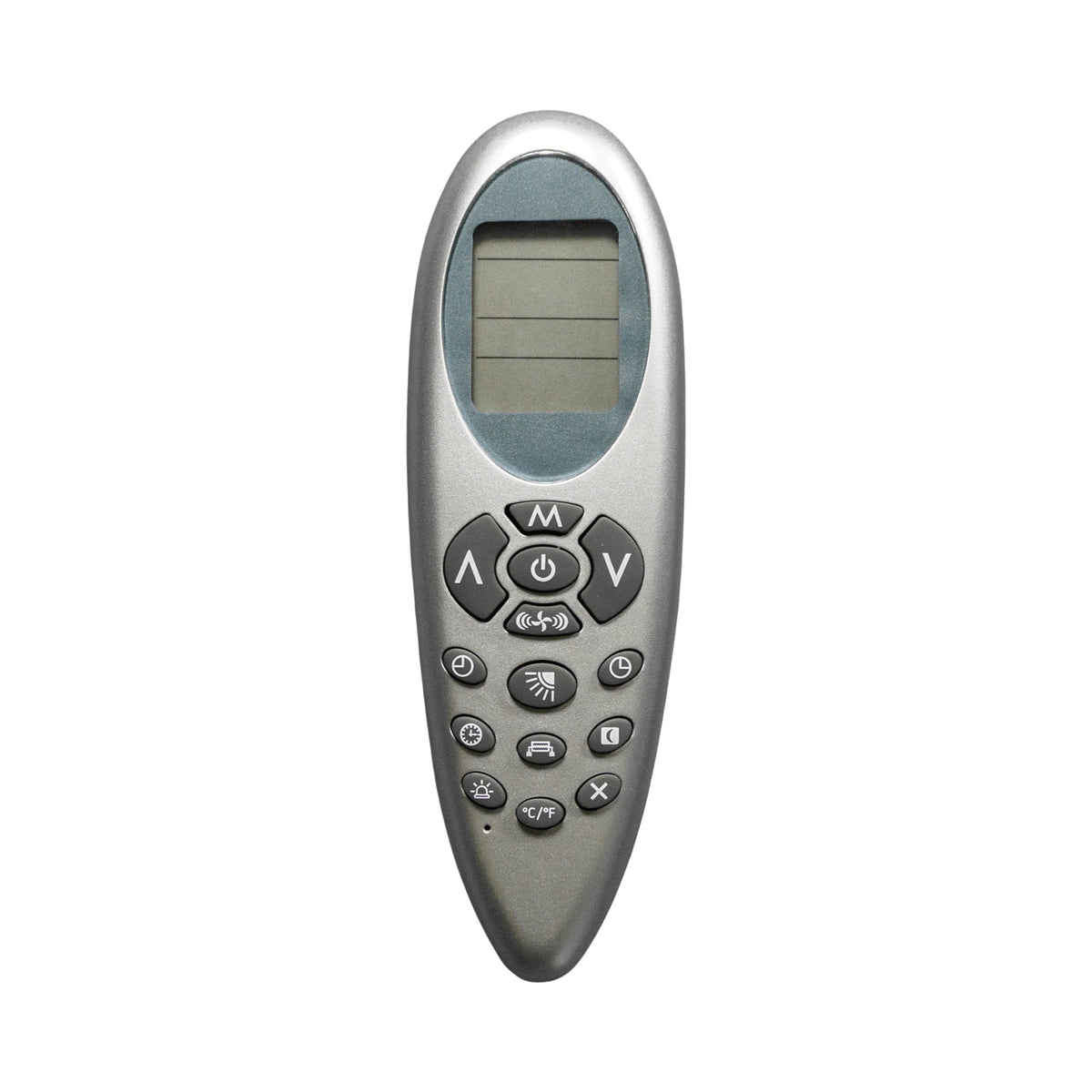 Silver handheld remote control with button keypad for RV inverter heat pump