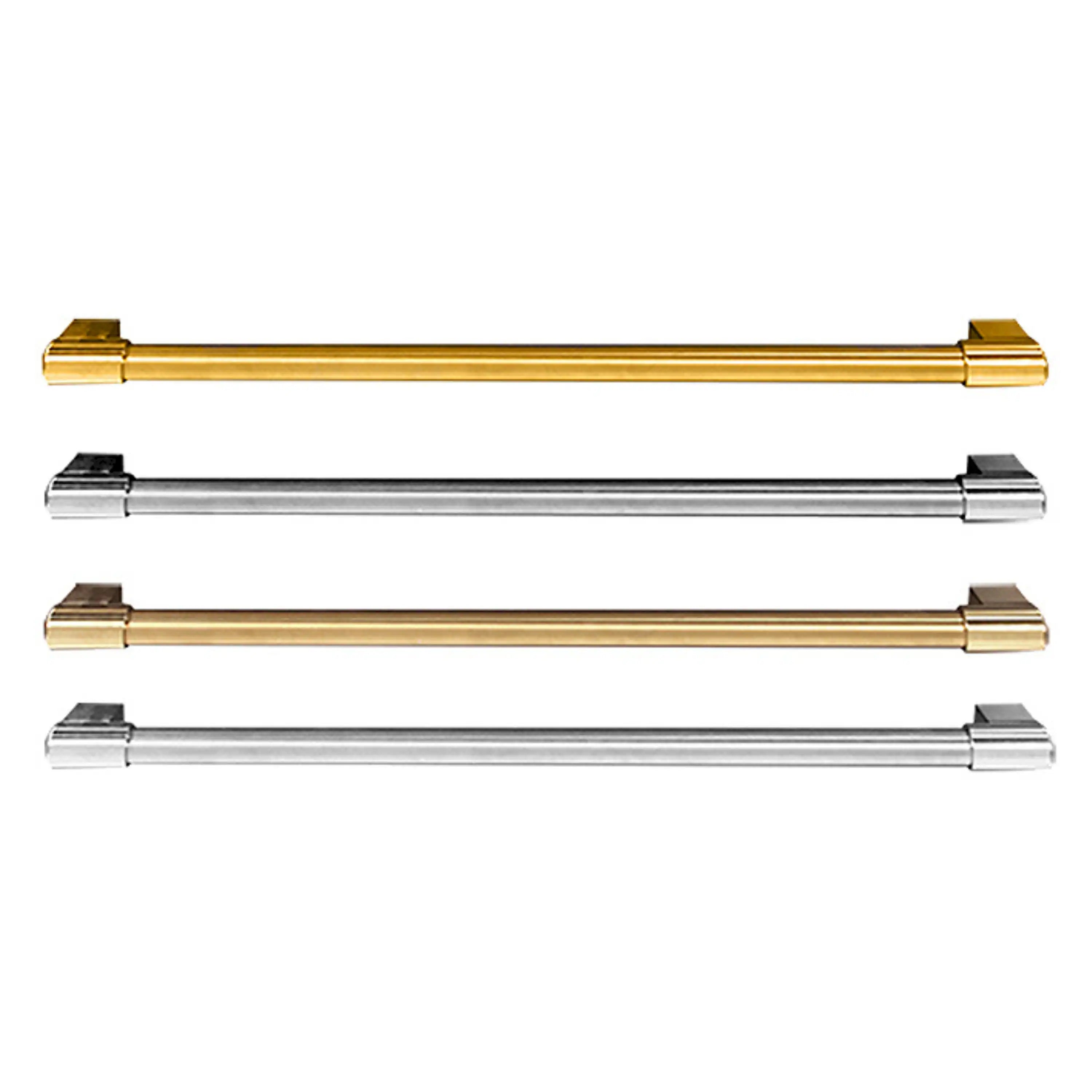 Warming drawer handle kit with satin brass and silver bar handles, matching end caps