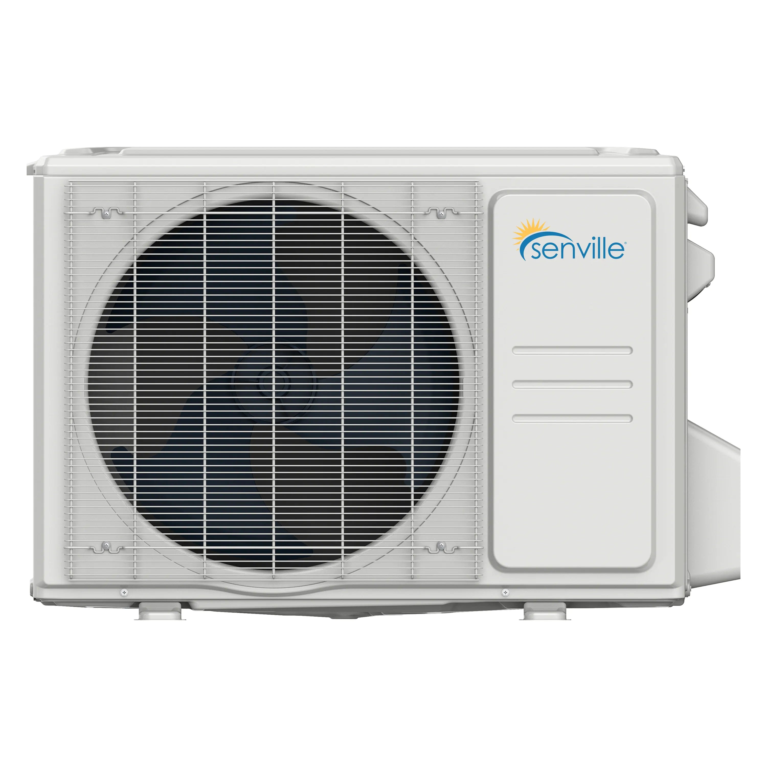 Outdoor ductless mini-split condenser unit with grille and fan