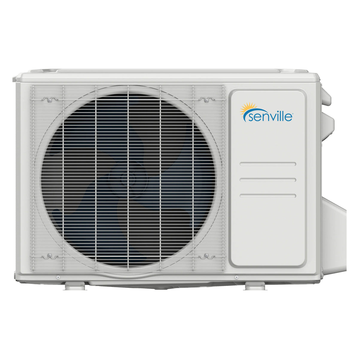 White outdoor mini split condenser with circular fan grille and side service cover