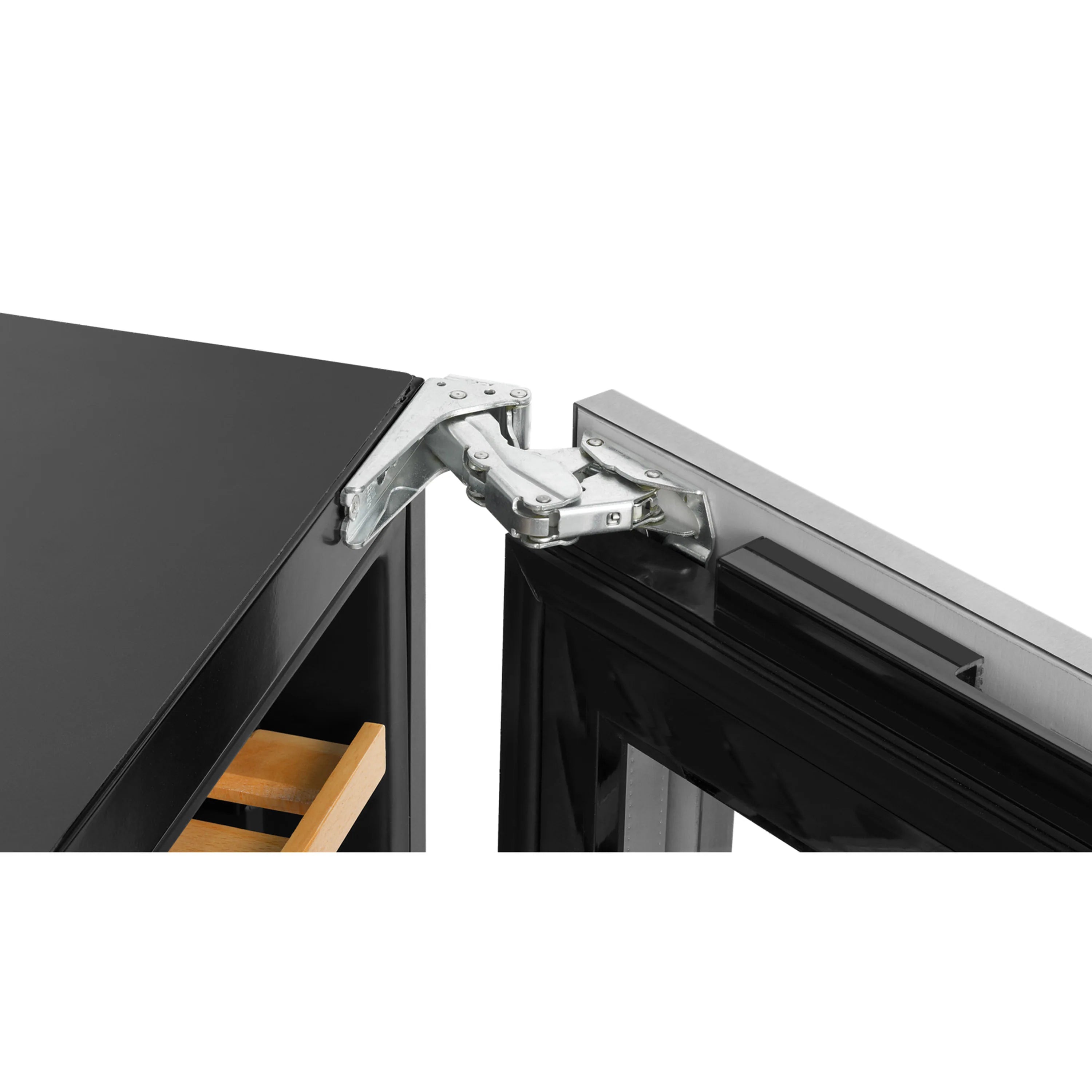Wine cooler door hinge detail with stainless frame and wooden shelf rails