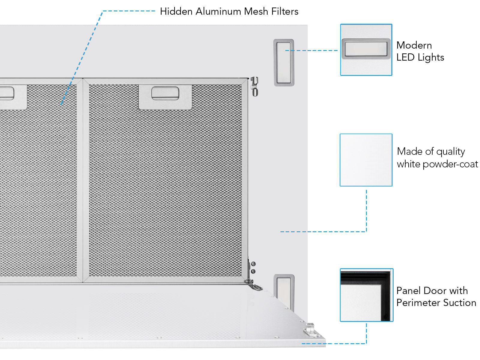 White ceiling range hood interior showing hidden aluminum mesh filters and modern LED lights