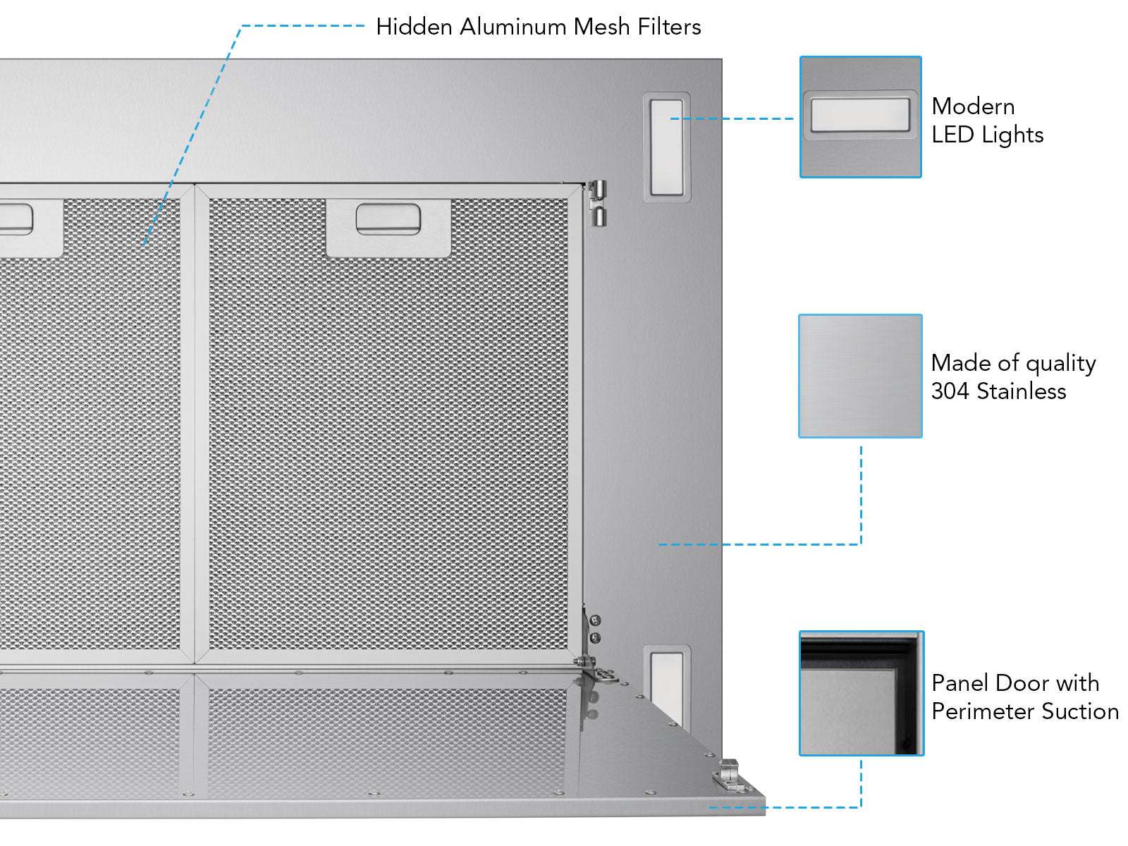 Range hood interior view with hidden aluminum mesh filters and side control