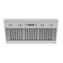 Stainless steel under-cabinet range hood front with vertical vent grille and button controls