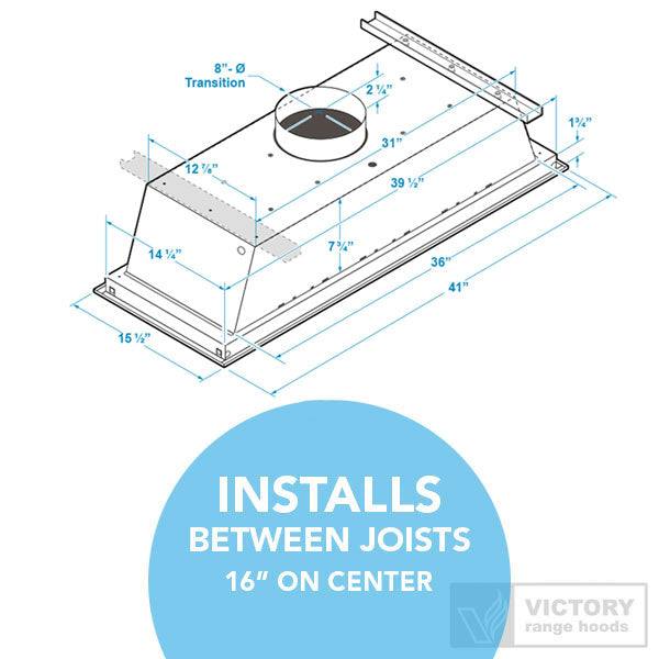 Range hood installation diagram with between joists 16 in on-center spacing