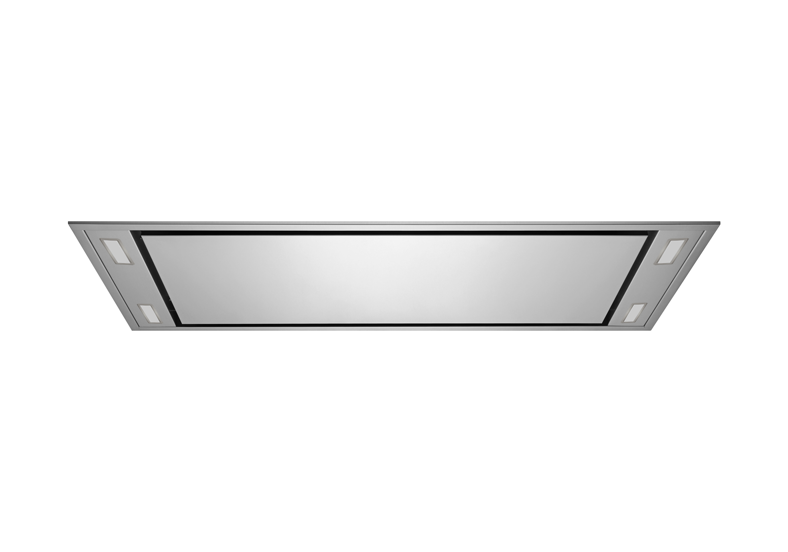 Stainless steel flush ceiling range hood with rectangular perimeter trim