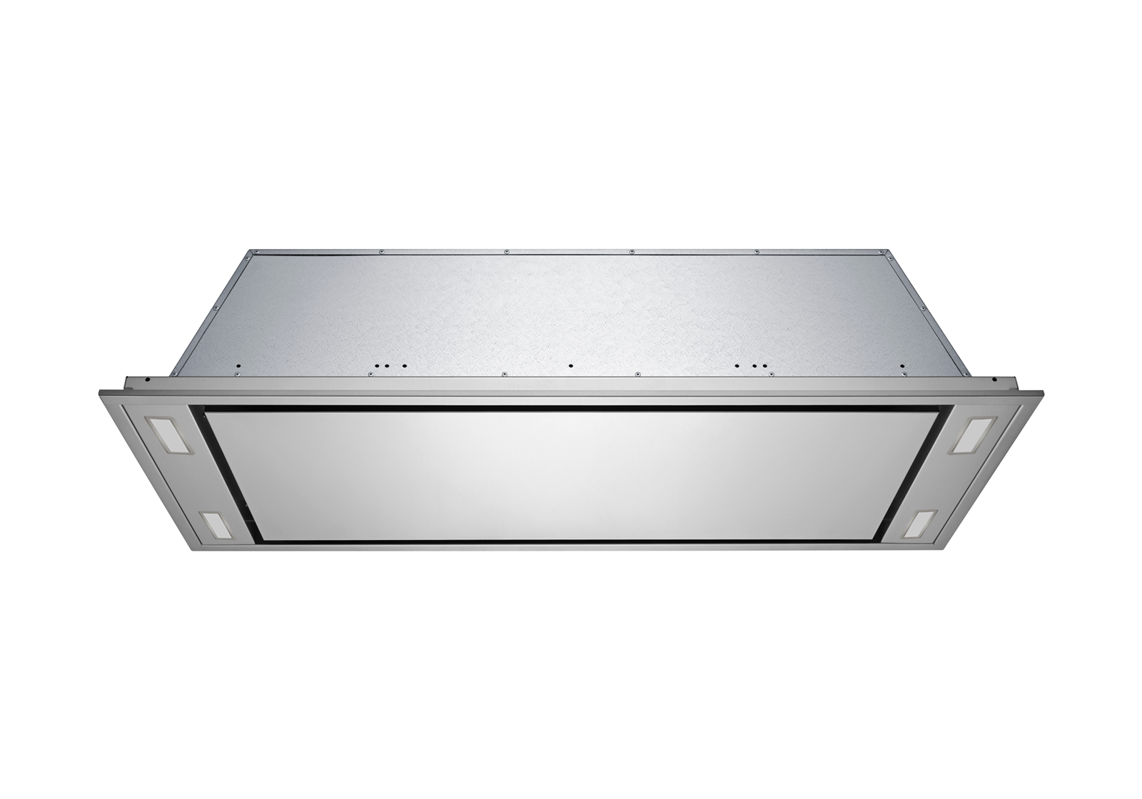 Stainless steel flush ceiling range hood with open filter grille