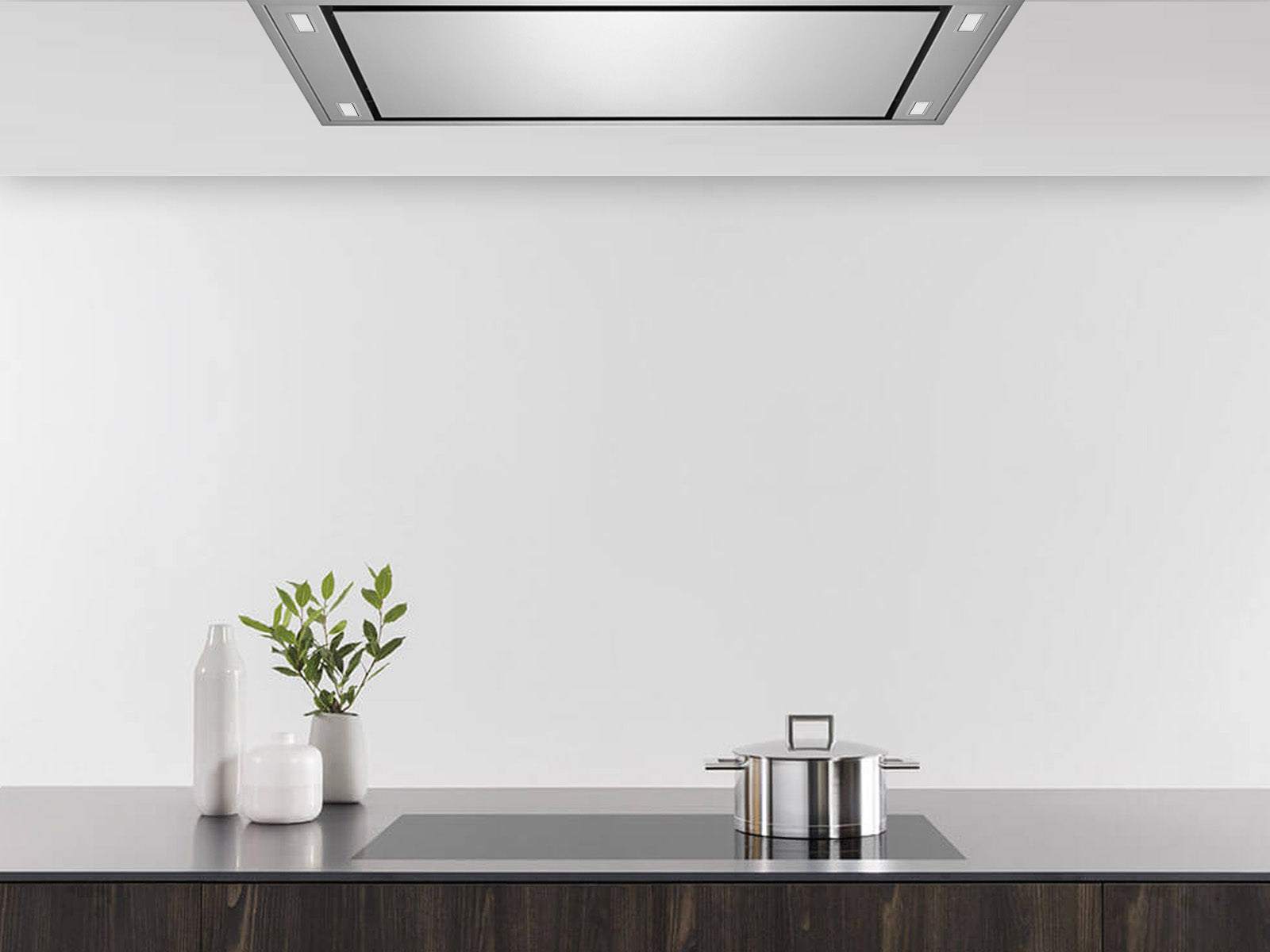 Stainless steel flush ceiling range hood with vent panel detail