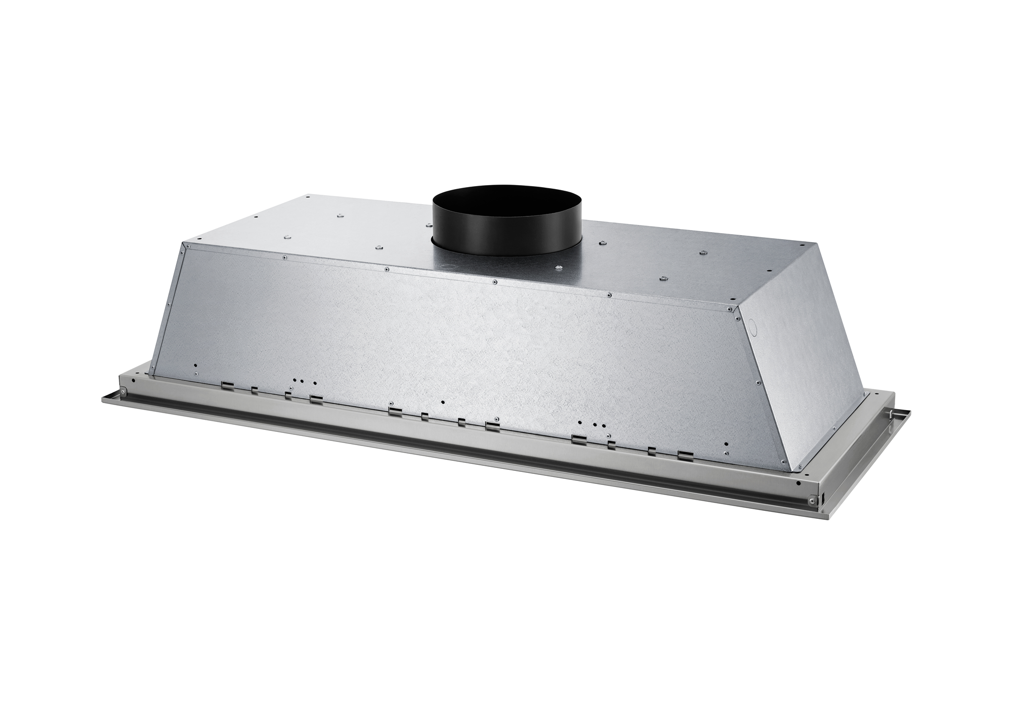 Stainless steel flush ceiling range hood blower housing and duct outlet