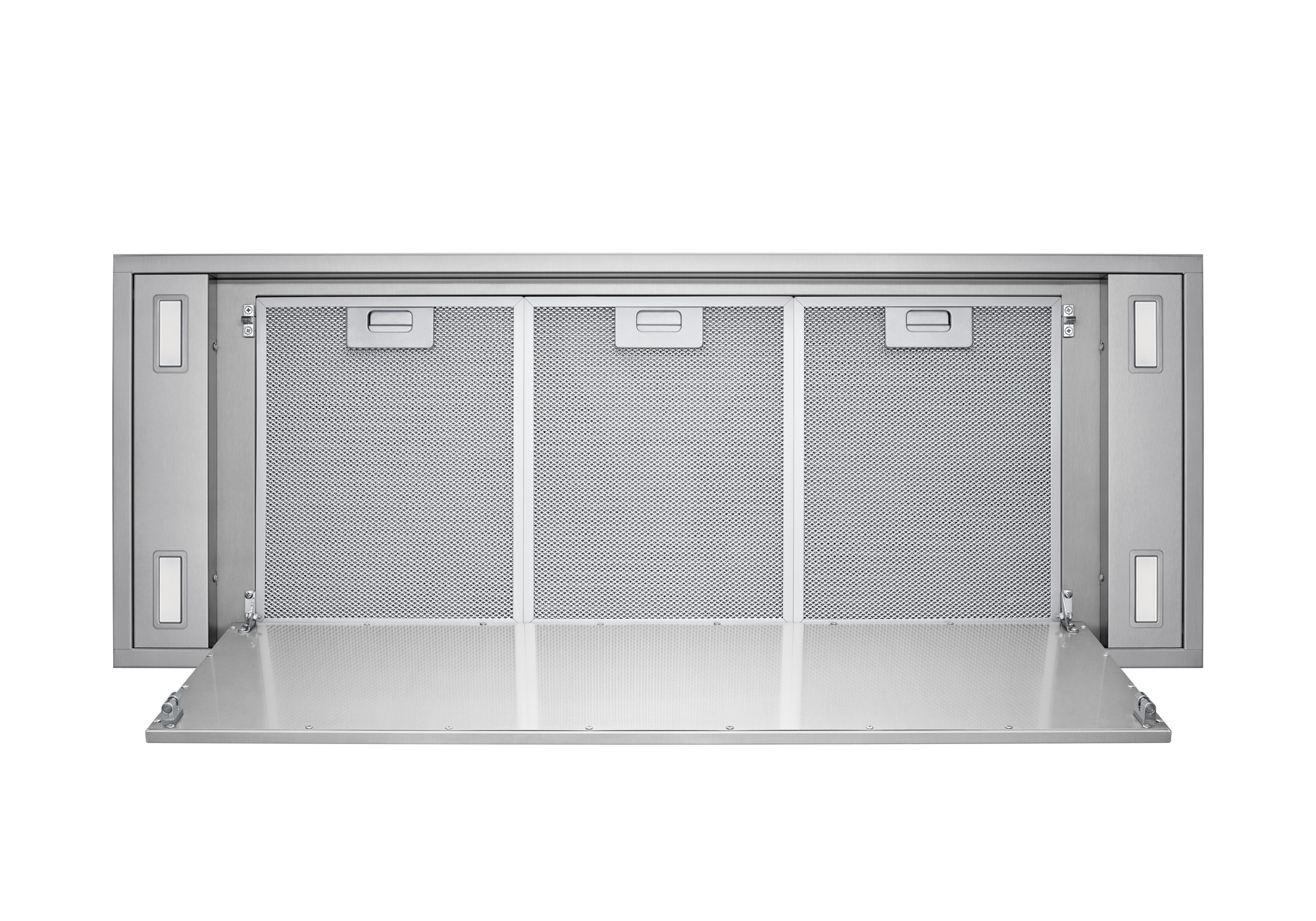 Stainless steel flush ceiling range hood with three removable mesh filter panels