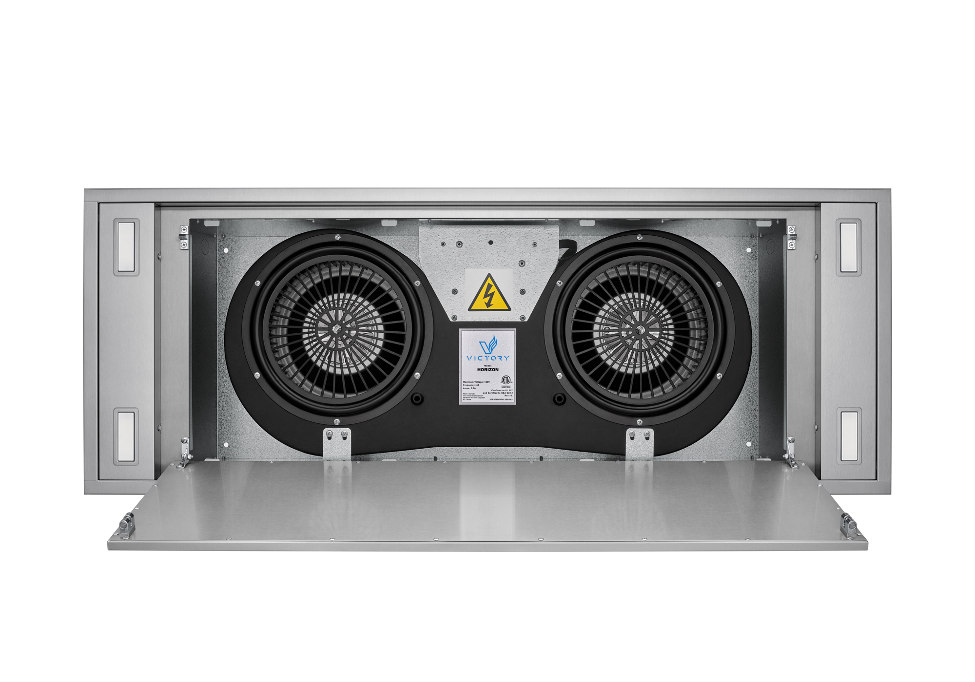 Stainless steel flush ceiling range hood with twin blower fan units exposed